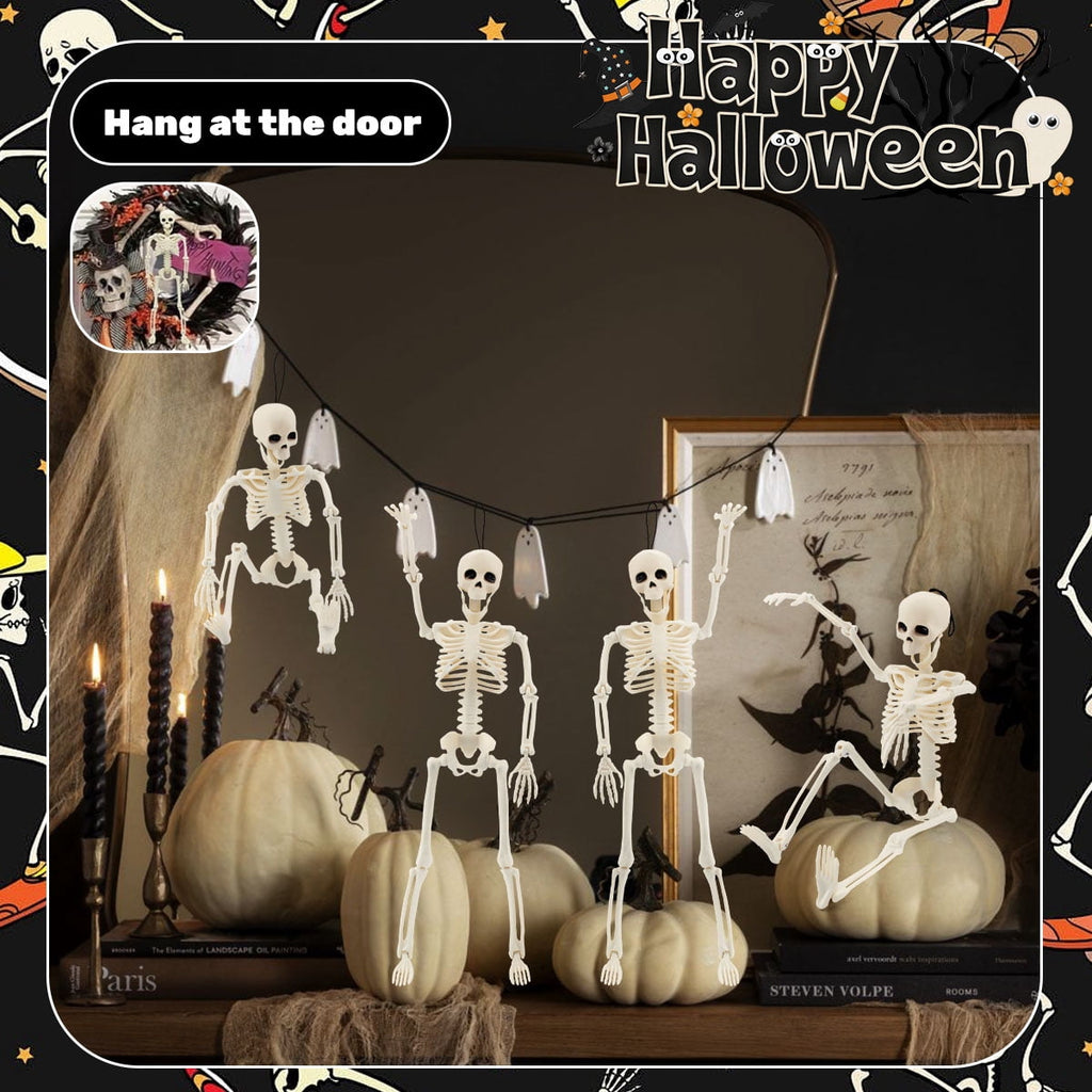 Posable Halloween Skeleton Decor, 4 Packs 16 Inches Full Body Posable Joints Hanging Skeletons for Halloween Haunted House Party Home Props Decorations