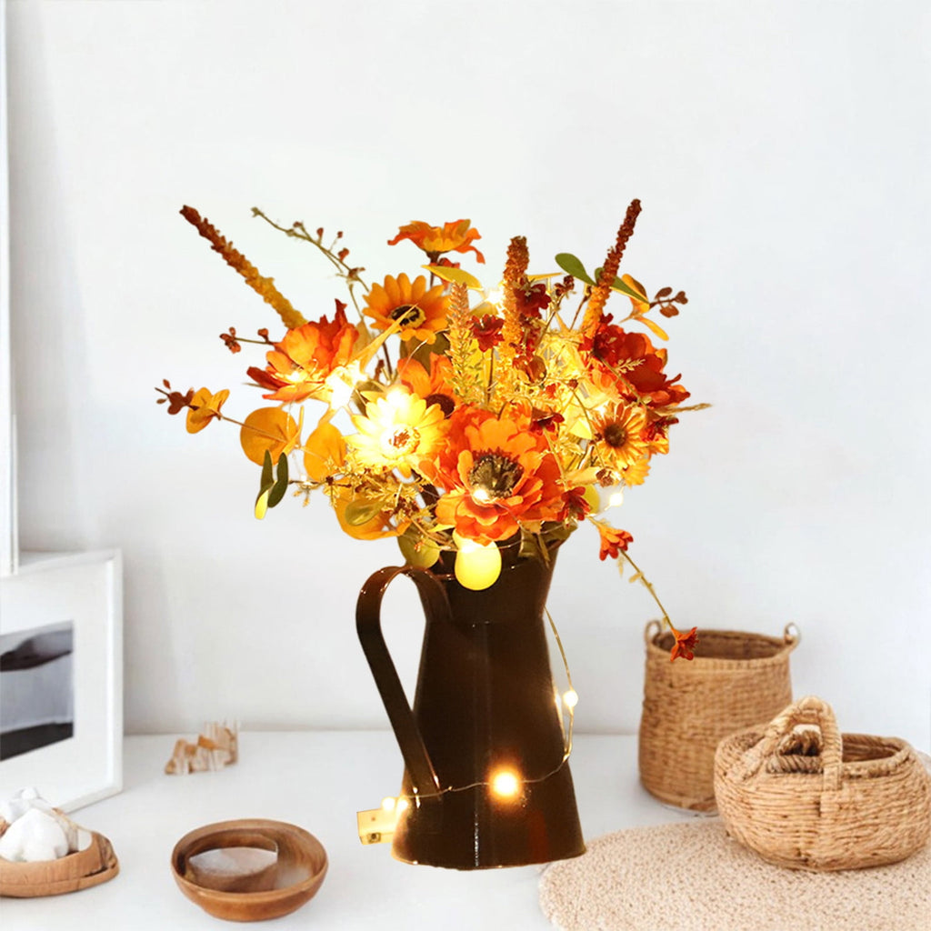 Light Up Sunflower Bouquet Decor - Battery Operated Floral Arrangement Halloween Thanksgiving Table Centerpiece Iron Vase Seasonal Home Gift(A-Not With Lame)