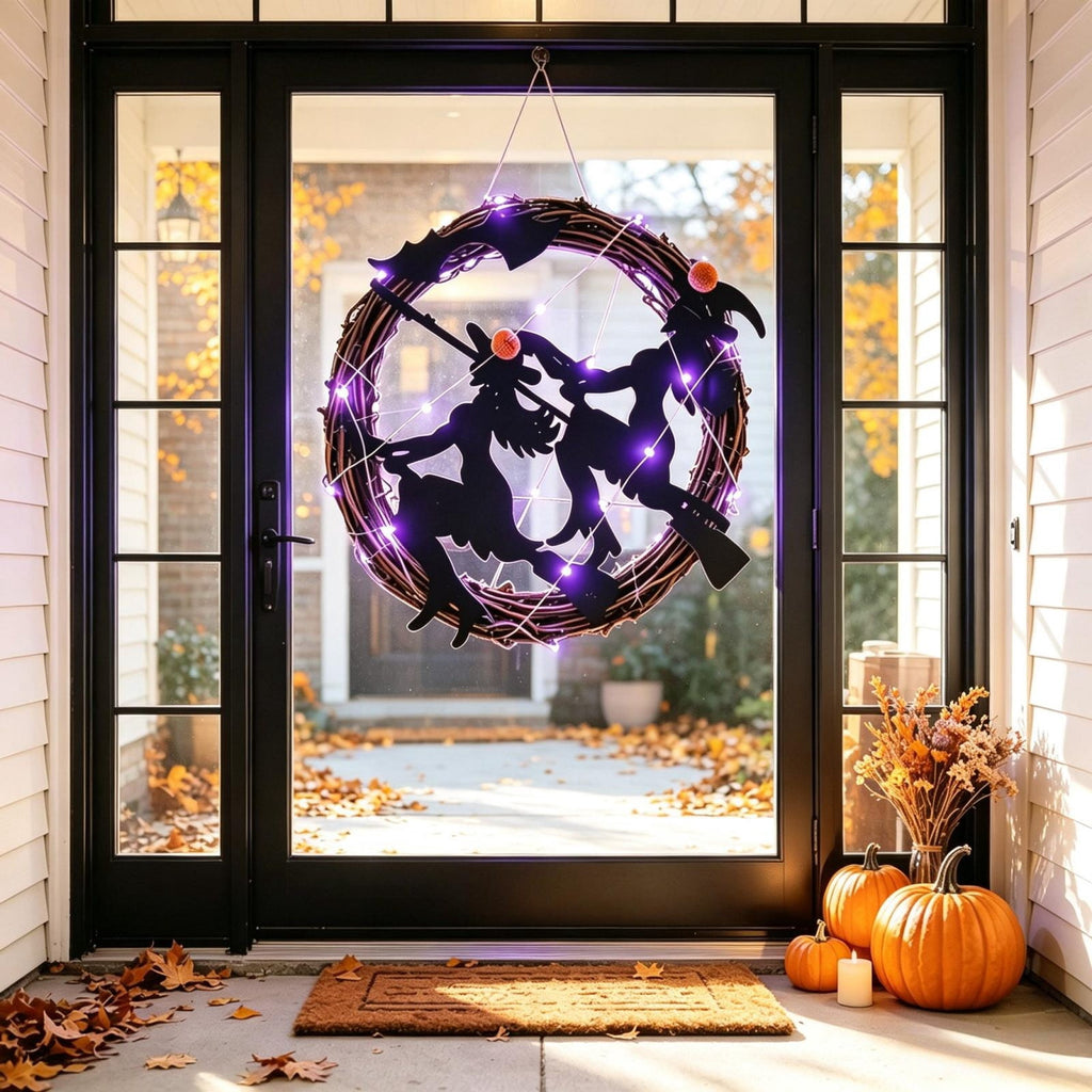 WWC Halloween Wreath, Orange LED Pumpkin and Bats Wreath, Gothic Halloween Decorations Wreath for Front Door, Indoor Outdoor Party Decor