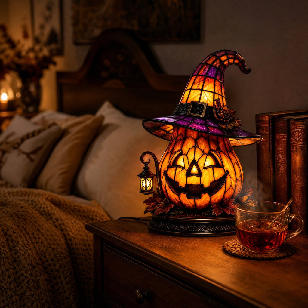 Halloween Lighted Witch Cauldron Decor Lamp, Stained Glass Witch Hat Magic Pot Night Light with Pumpkin & Potion Bottle Details, Spooky Vintage Tabletop Ornament for Mantel Living Room Party