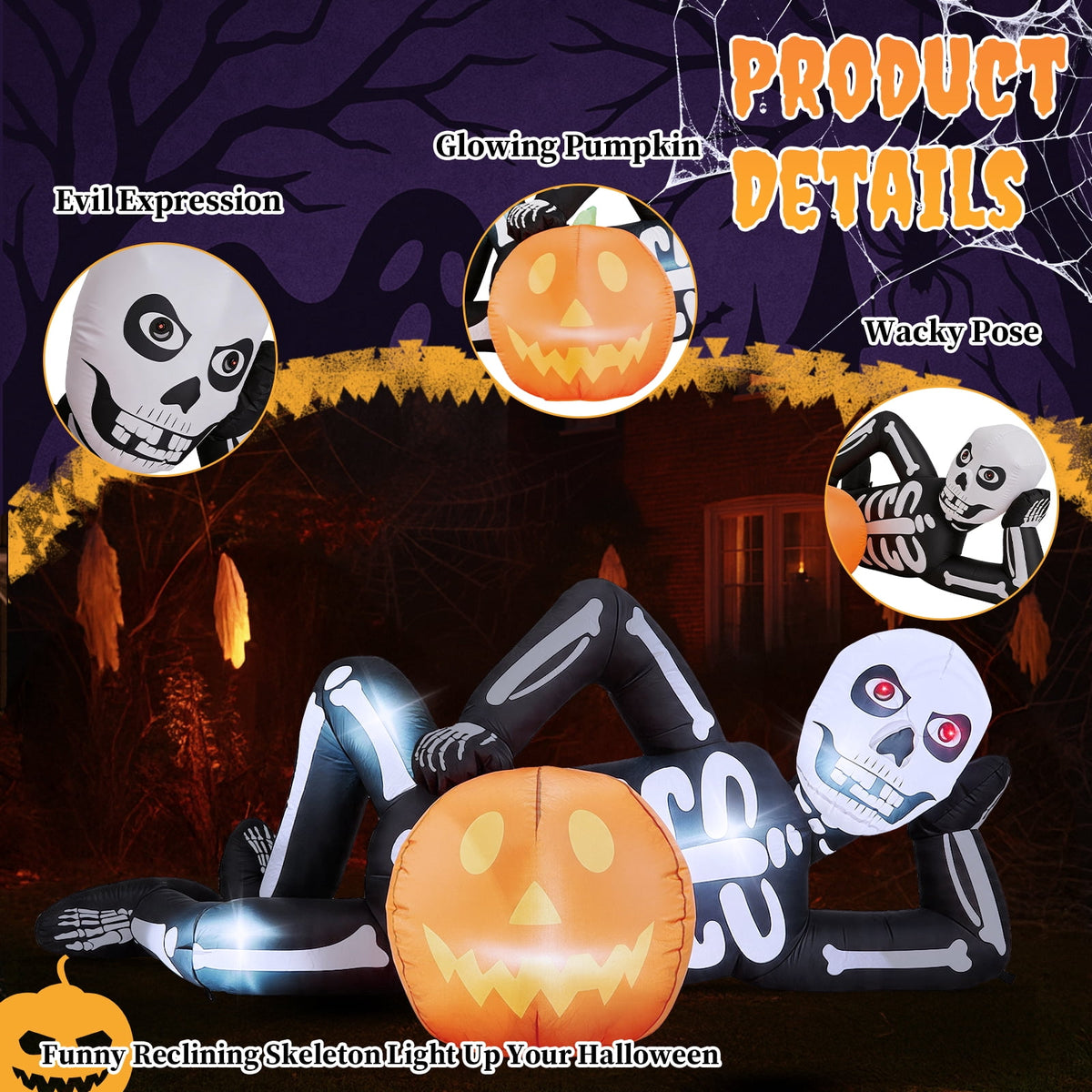 Ktaxon 7' Halloween Inflatables Skeleton Outdoor Halloween Decoration Reclining Skeleton with Pumpkin,Built-In LED Lights