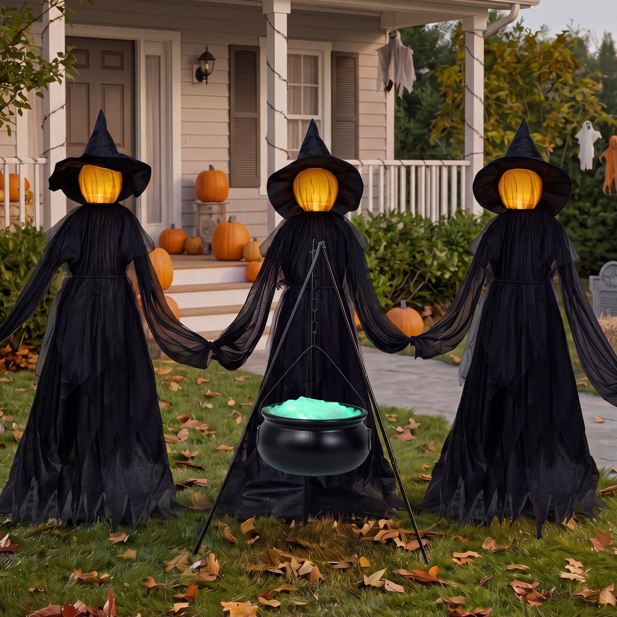 Joyfy 3 Pack Witches Halloween Decorations Outdoor, 51" Sound Activated Light Up Flying Witch Stakes with Color Changing Face & Creepy Sound, Life Size Halloween Props for Lawn Grave Party