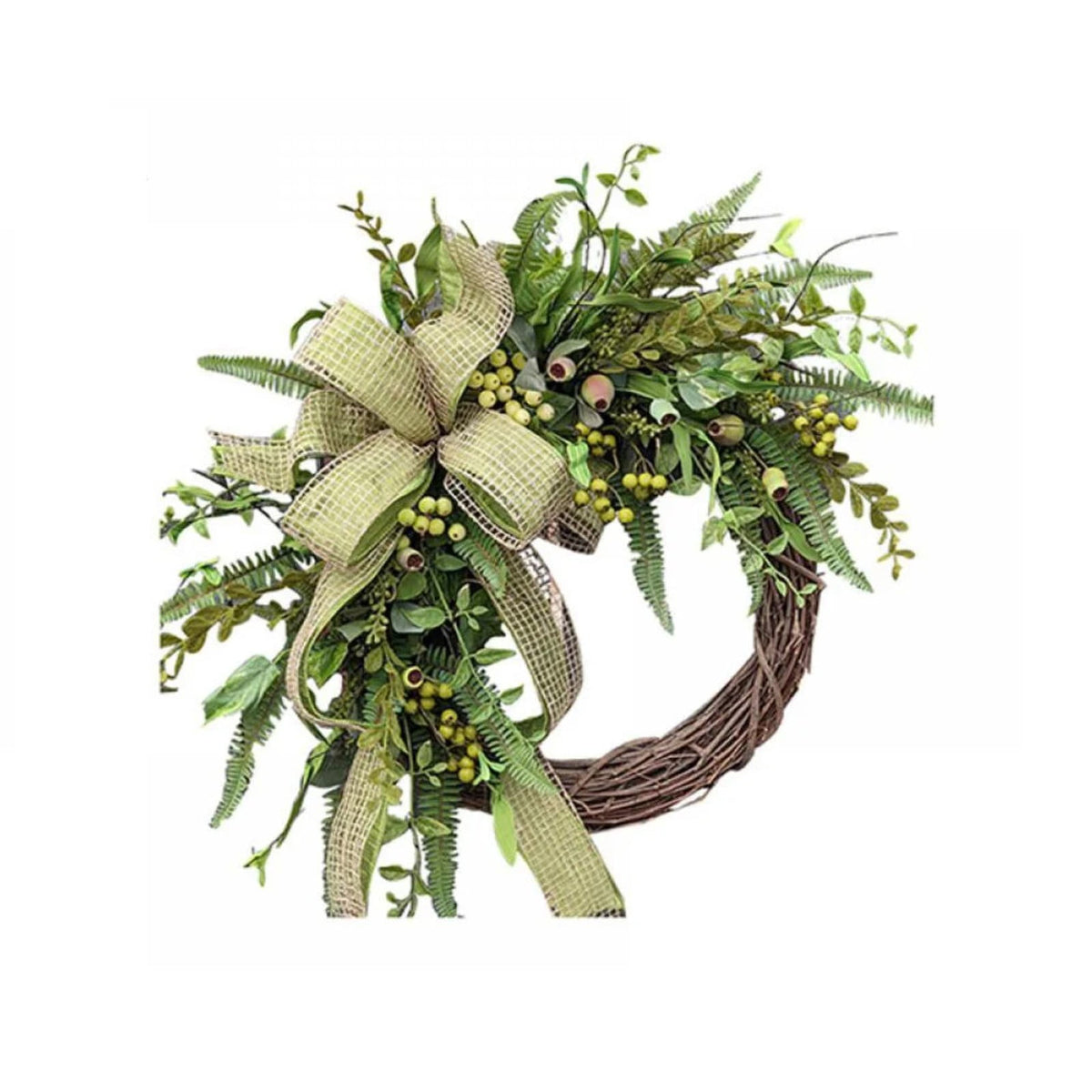 15 Inch Spring Wreath for Front Door, Artificial Welcome Wreath with Green Pods Plants Branches Vines, Rustic Style Decor for Home Yard Room Office Party Festival Indoor Outdoor