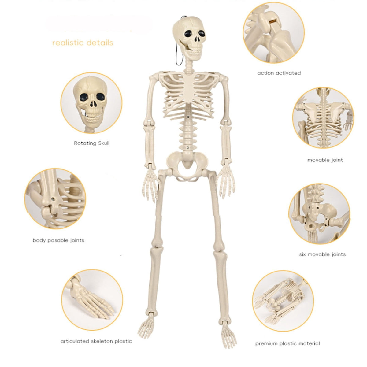 Plastic Posable Skeleton Model, 35.43in Halloween Skeleton Outdoor Decorations with Movable Joints for Escape Rooms, and Classrooms, Beige