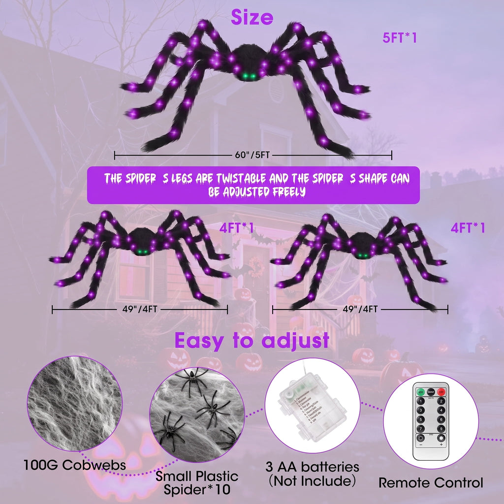 Leyaron Halloween Spider Decorations Set, 5FT and 2 Pack 4FT Lighted Giant Spider Decorations for Halloween Party Indoor Outdoor Yard Home Decor