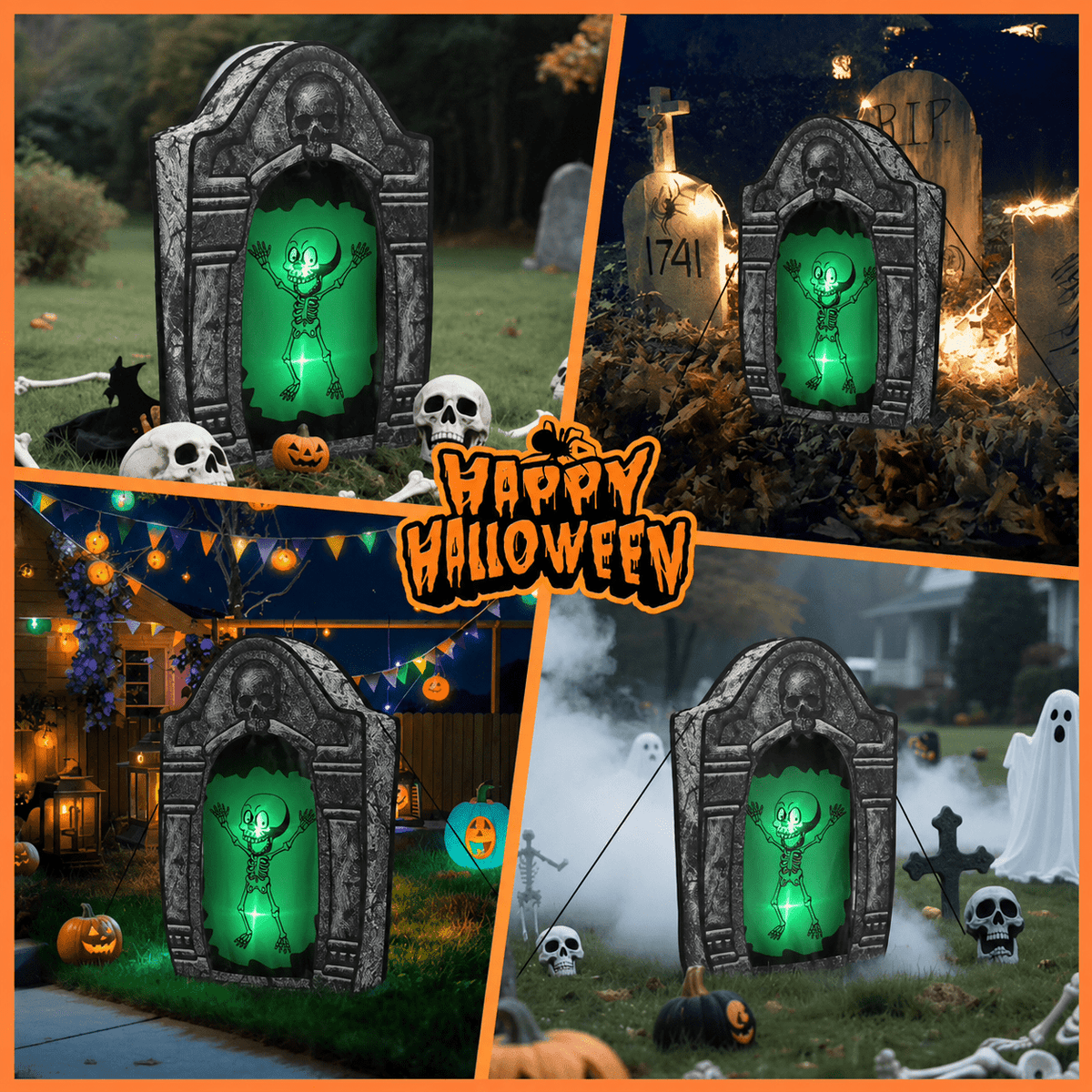 Wondiair 41" Halloween Skull Tombstone with Glowing LED Eyes, Foldable Outdoor Graveyard Decoration for Yard, Lawn, Cemetery & Haunted House
