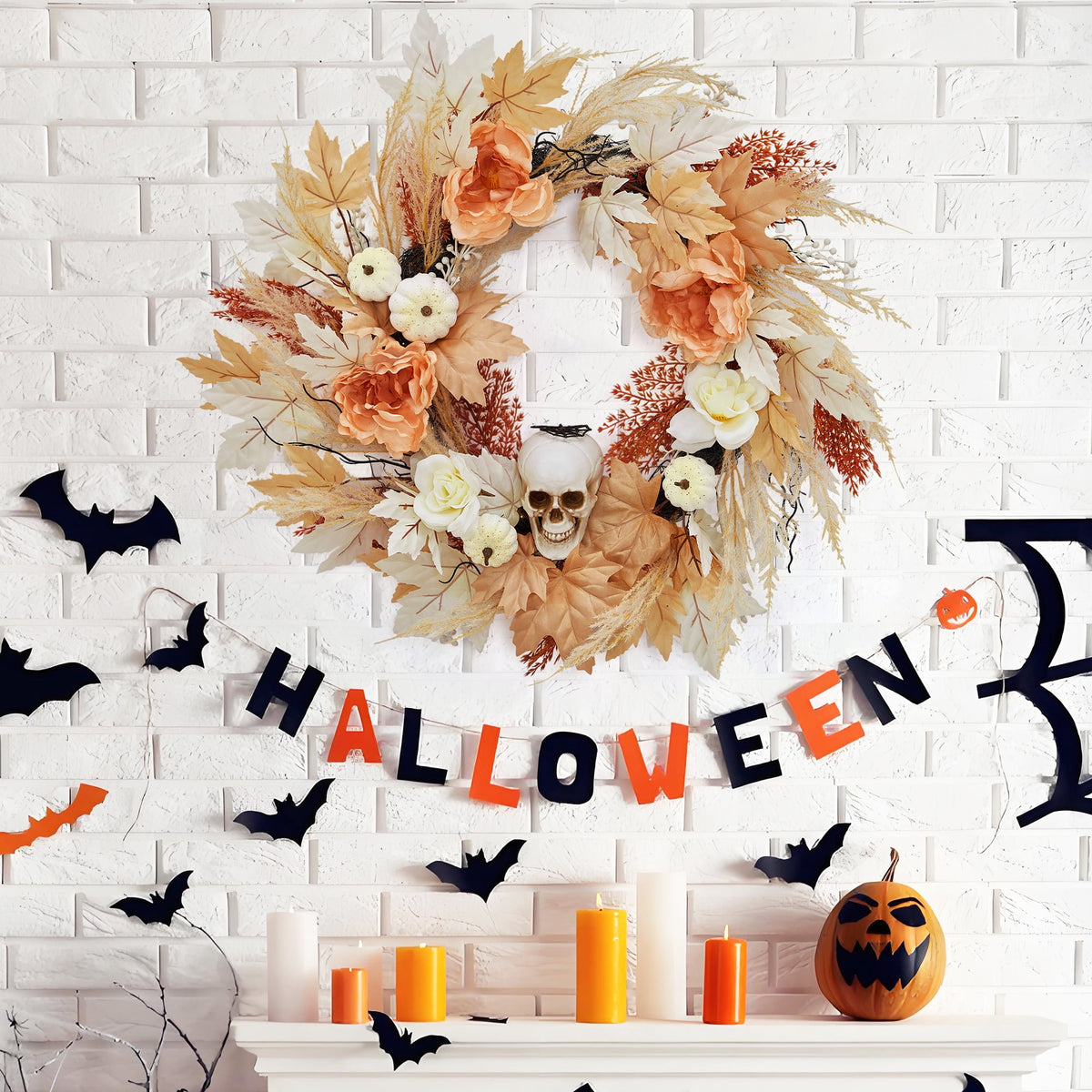 24 in Halloween Wreaths for Front Door.Fall Pumpkin Maple Leaves Wreath with Spooky Skeleton.Fall Halloween Door Decor. Outdoor Wreath for Porch Wall Window Decorations