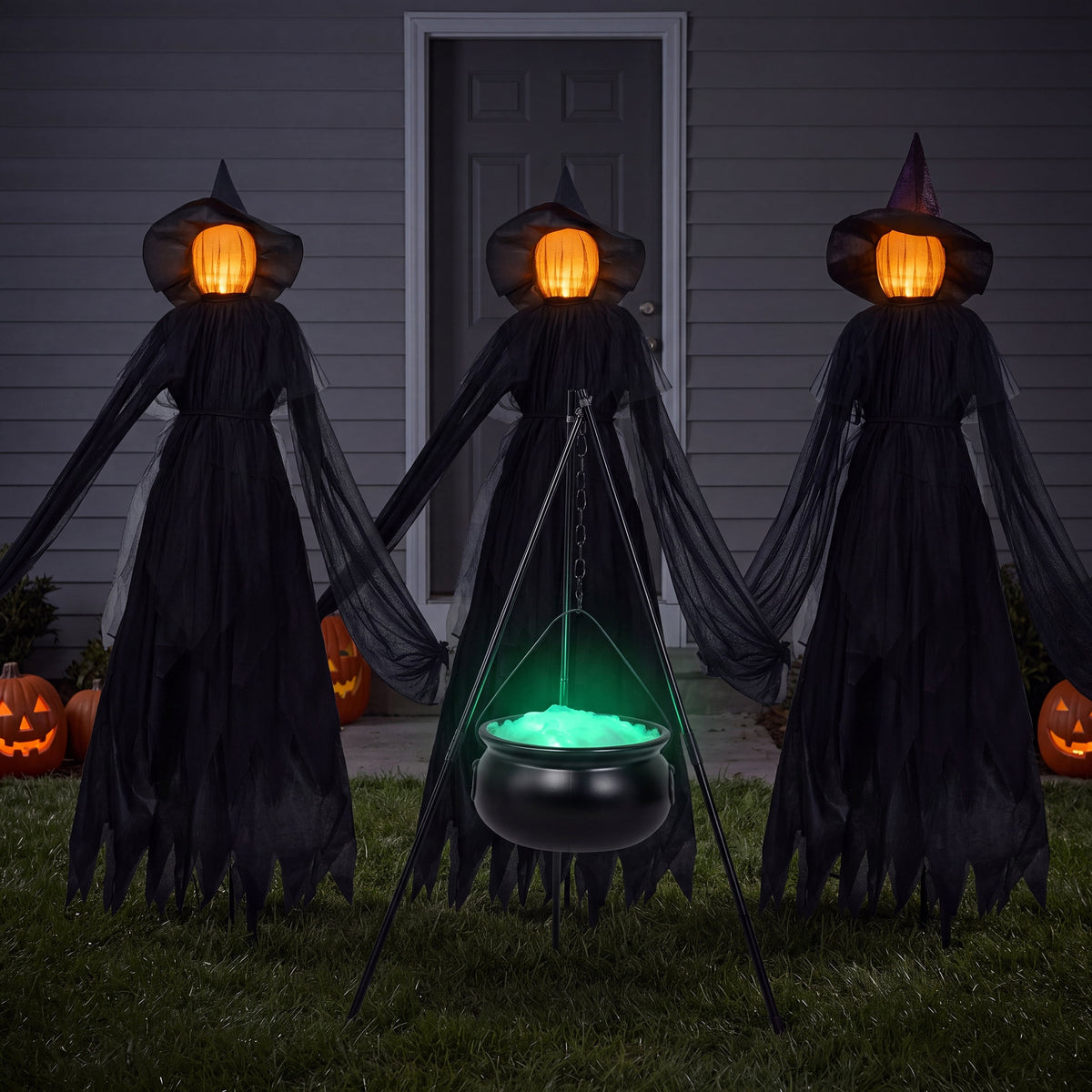 Joyfy 3 Pack Witches Halloween Decorations Outdoor, 51" Sound Activated Light Up Flying Witch Stakes with Color Changing Face & Creepy Sound, Life Size Halloween Props for Lawn Grave Party