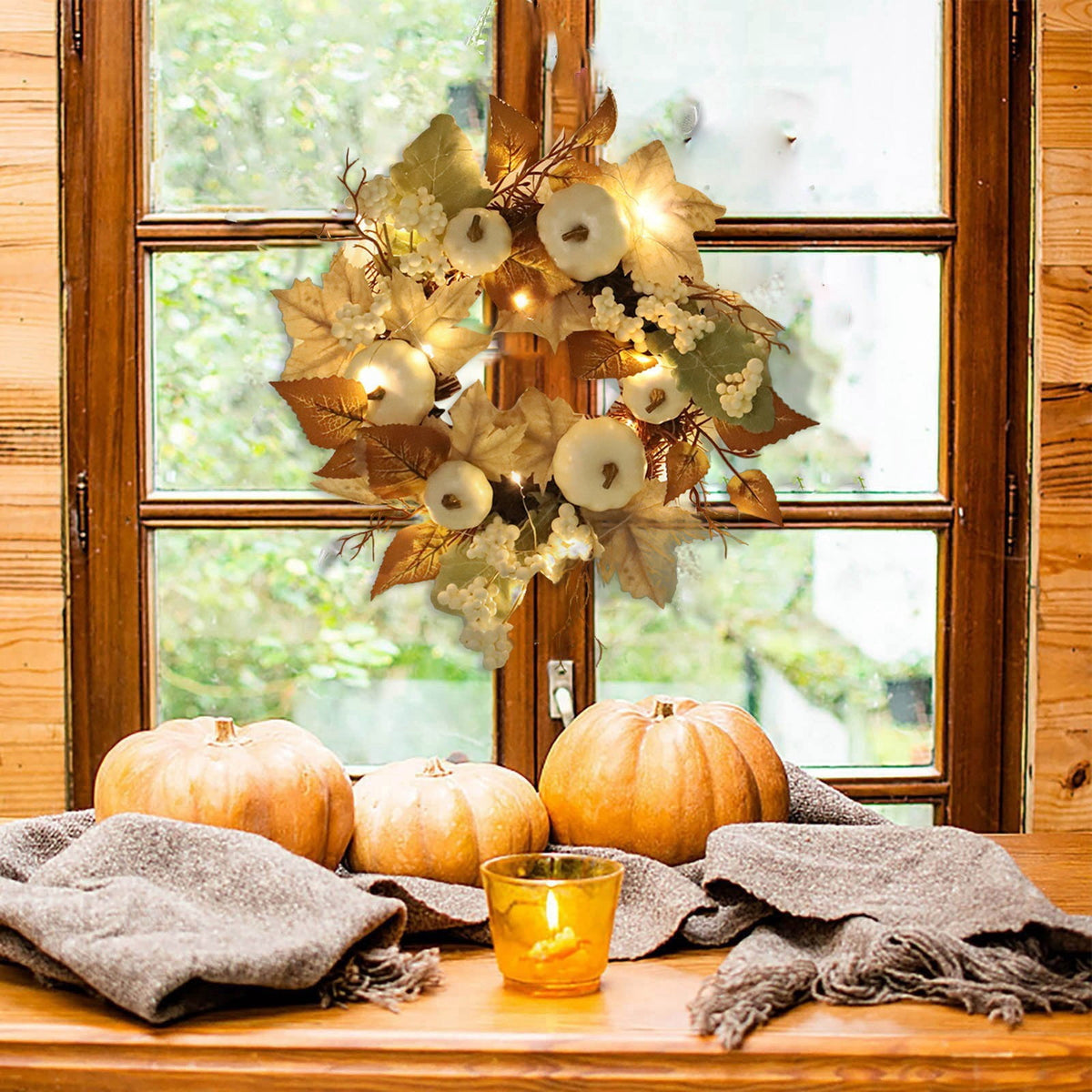 12 Inch Fall Wreath with Pumpkins & Maple Leaves - Autumn Harvest Wreath for Front Door, Thanksgiving & Halloween Farmhouse Decor
