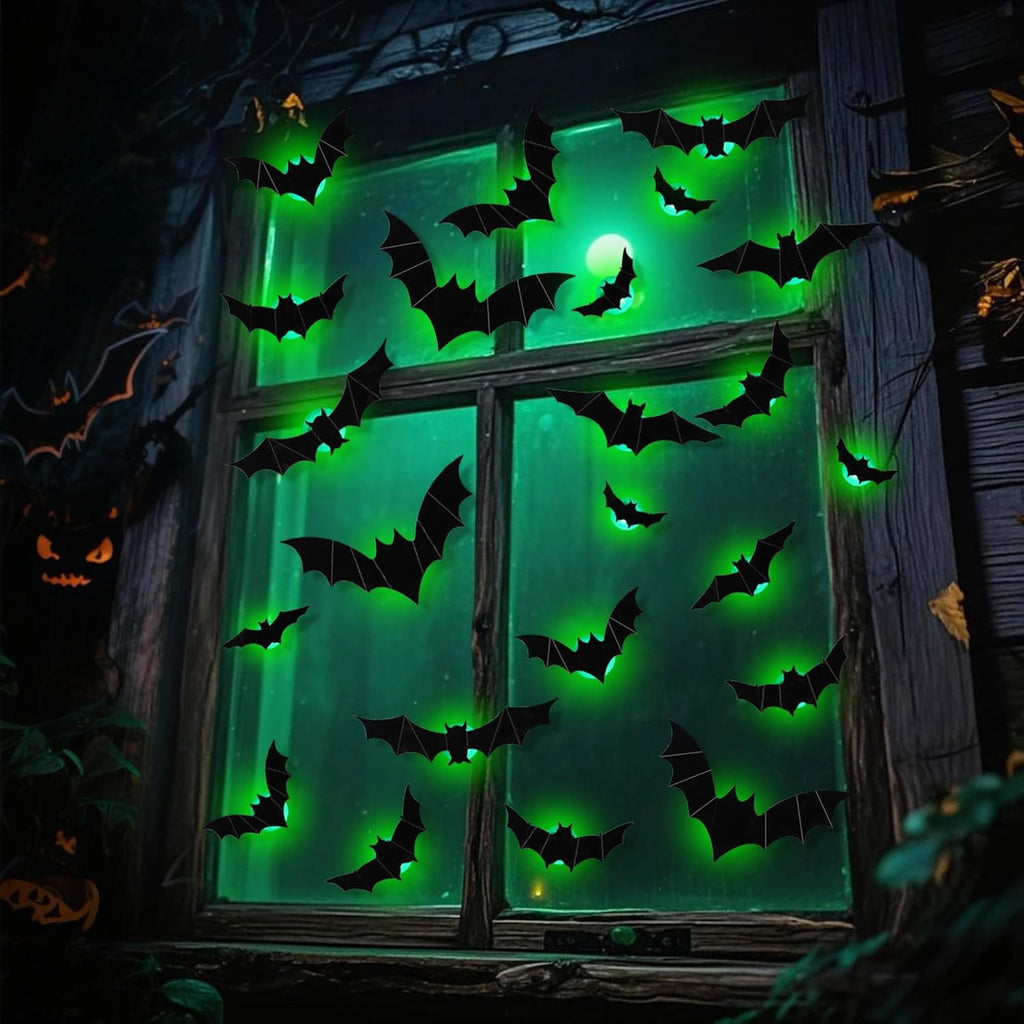 CQHVKQ 36 PCS Halloween Bats Decorations, Realistic 3D LED Bats Wall Stickers Decor, Assorted Size Removable Lighted PVC Bats DIY Wall Sticker for Halloween Party, Bedroom, Home, Indoor and Outdoor
