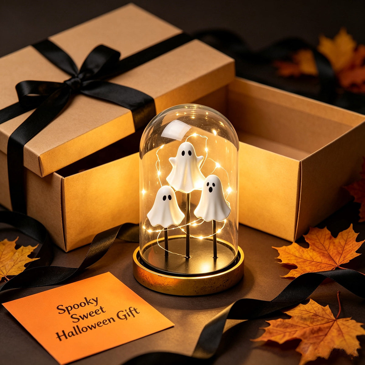 Orangide Halloween Ghost Cloche Night Light Fabric Ghost Lamp with Glass Dome for Mantel Shelf Spooky Party and Home Decor Ornament