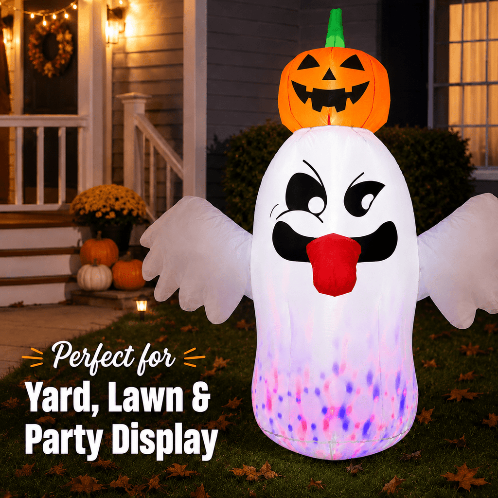 BEEPRINCESS 6 FT Halloween Inflatable Ghost with Pumpkin Head, Light-Up RGB LED Blow Up Yard Decoration