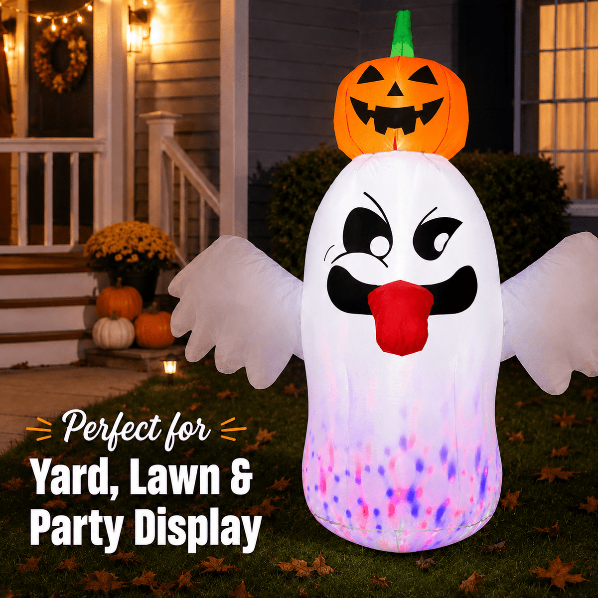 BEEPRINCESS 6 FT Halloween Inflatable Ghost with Pumpkin Head, Light-Up RGB LED Blow Up Yard Decoration