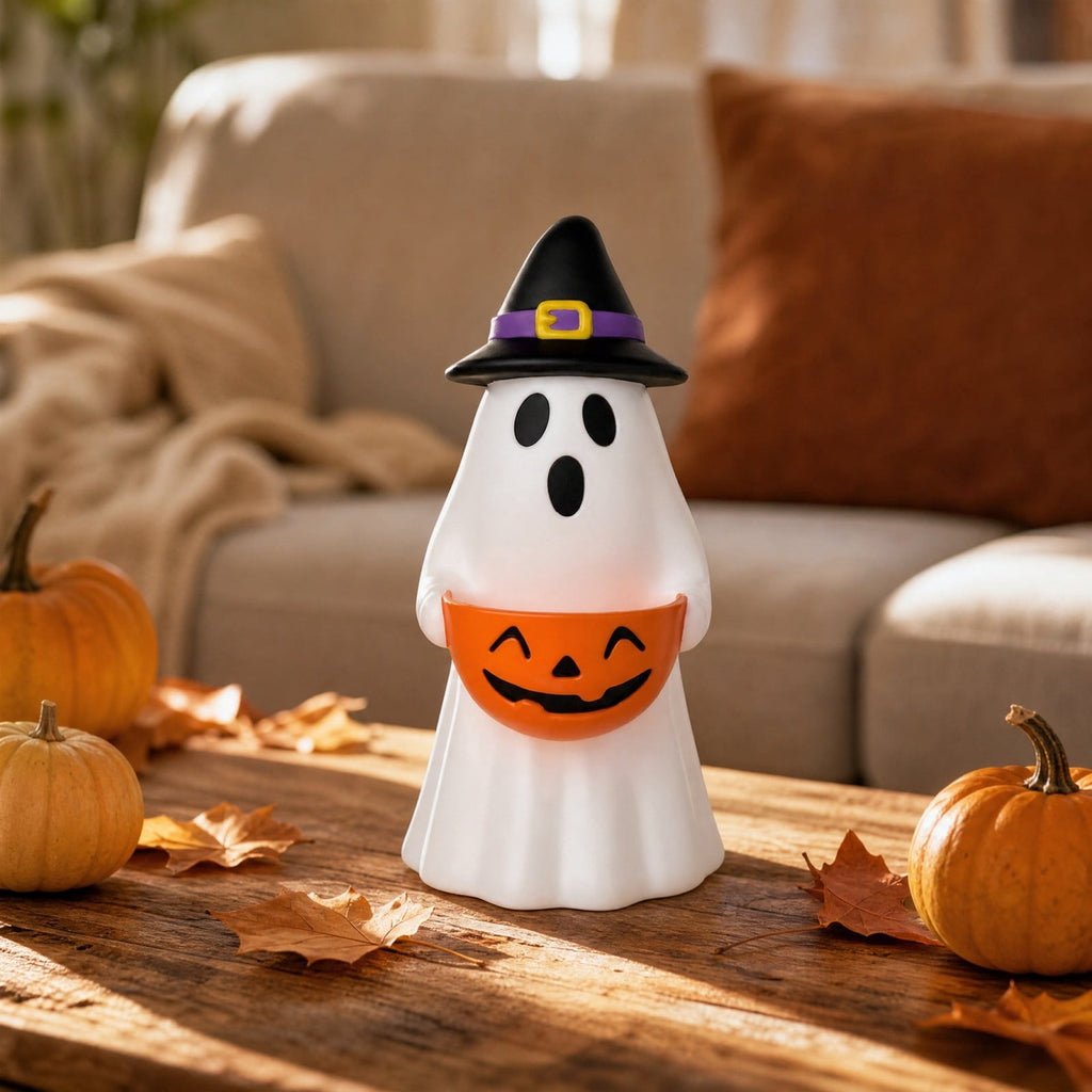 Halloween Decoration Ghost Figurine 11in Resin Ghost Statues with Pumpkin Candy Bowl for Outdoor Indoor Front Door, Porch Yard Lawn Party Decor