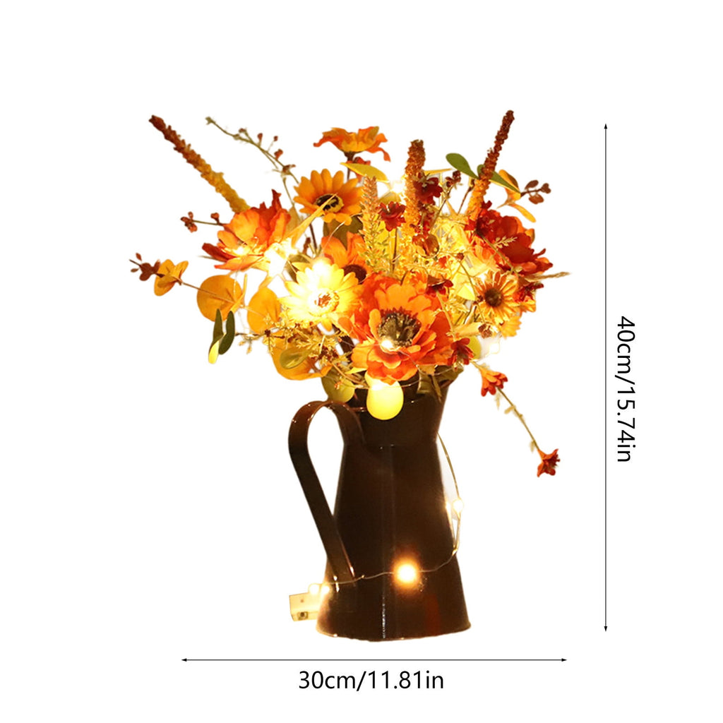 Light Up Sunflower Bouquet Decor - Battery Operated Floral Arrangement Halloween Thanksgiving Table Centerpiece Iron Vase Seasonal Home Gift(A-Not With Lame)