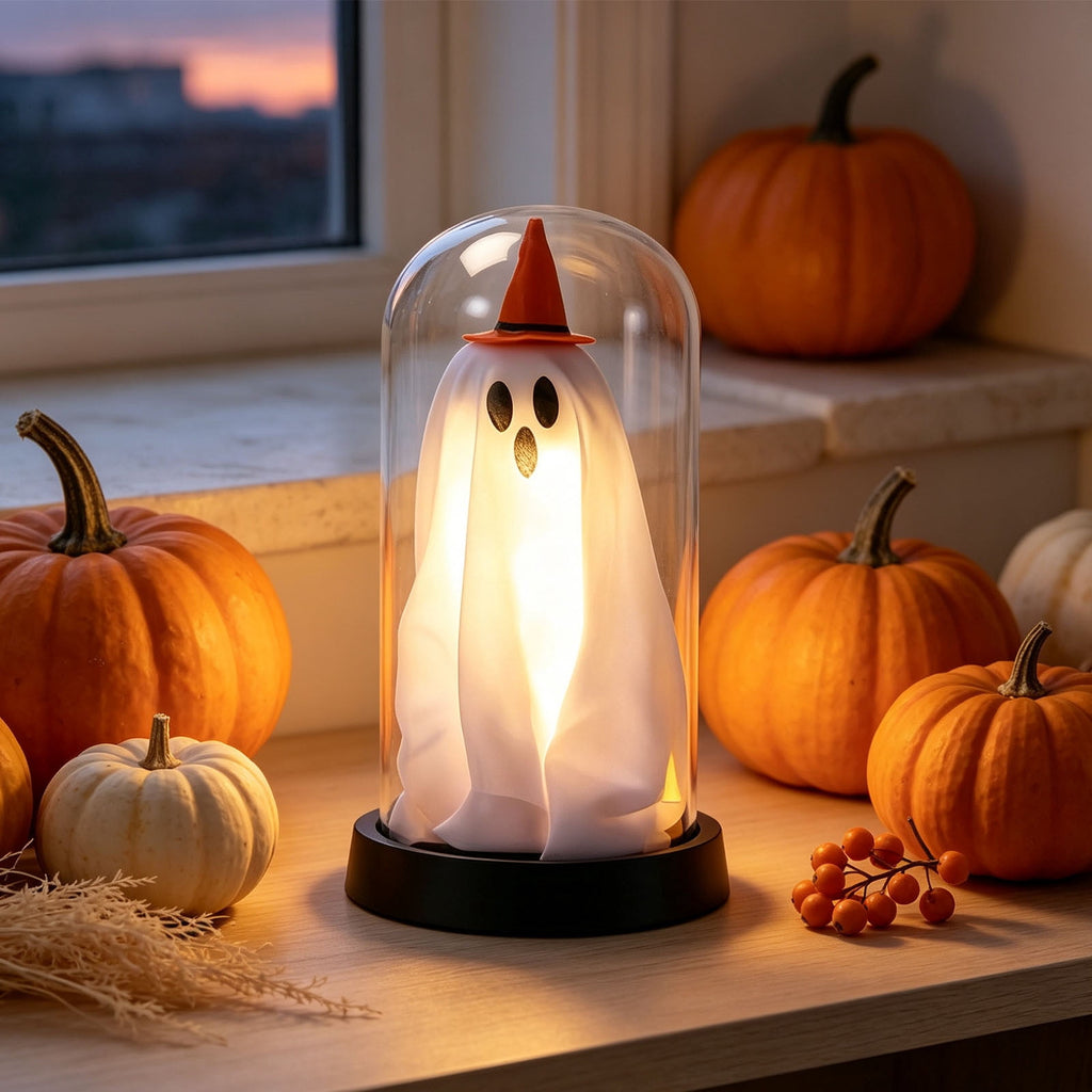 Orangide Halloween Ghost Cloche Night Light Fabric Ghost Lamp with Glass Dome for Mantel Shelf Spooky Party and Home Decor Ornament