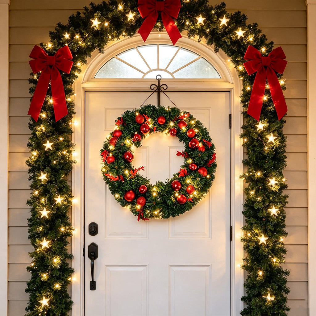 AGCAN 20 Inch Artificial Christmas Wreath, Pre-Lit Christmas Wreath with 50 LED Lights & Red Balls, Christmas Decoration for Front Door, Xmas, Outdoor