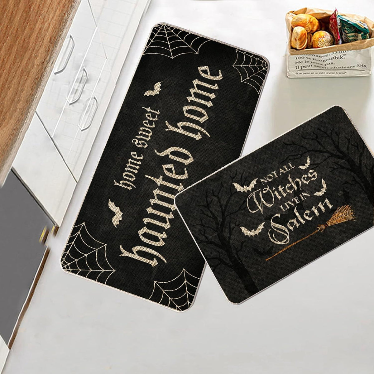 Halloween Kitchen Mat Set of 2, No All Witch Live in Salem Kitchen Rug, Bat Broom Halloween Farmhouse Party Floor Mat for Home Kitchen Decorations - 17x27 and 17x47 Inch