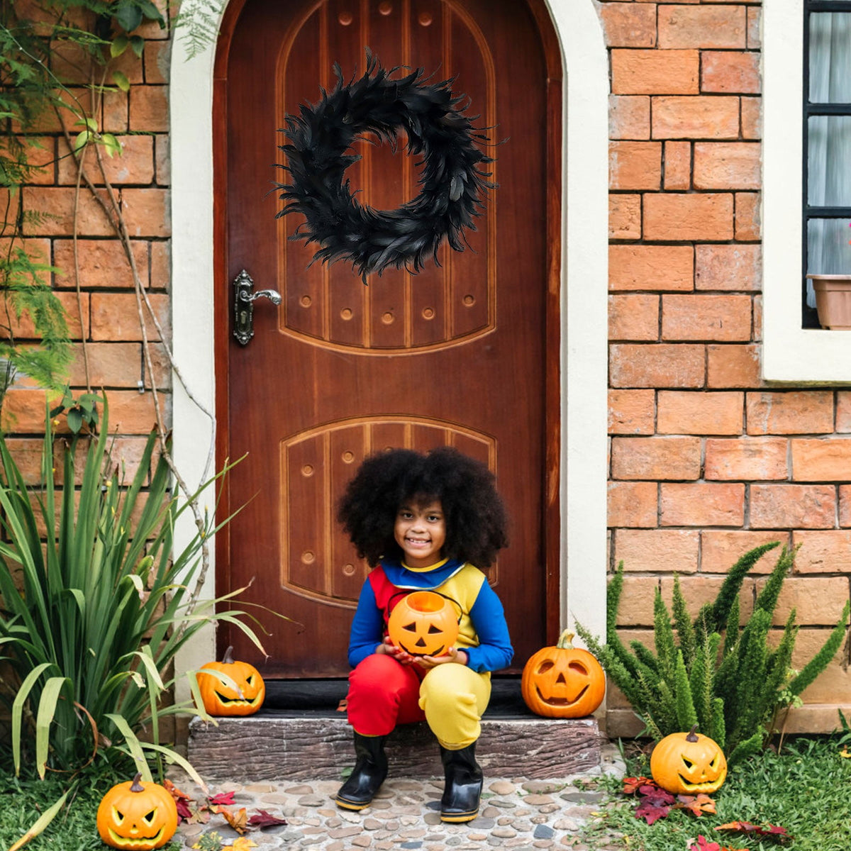 2 Pack Black Feather Wreath Halloween Wreath 13.78" Black Natural Cocktail Feather Wreath, Halloween Photo Props, Front Door Decor Witch Spooky Scene Halloween Party Decorations
