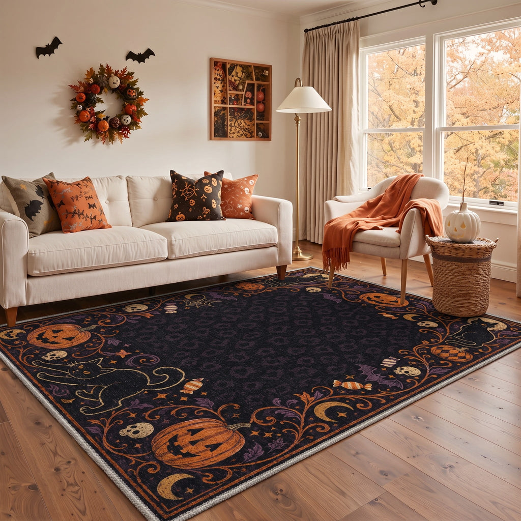 GENIMO 5'x7' Halloween Area Rug for Living Room, Washable Non Slip Soft Vintage Pumpkin Indoor Rug for Bedroom Dining Room Home Office, Antique Moss