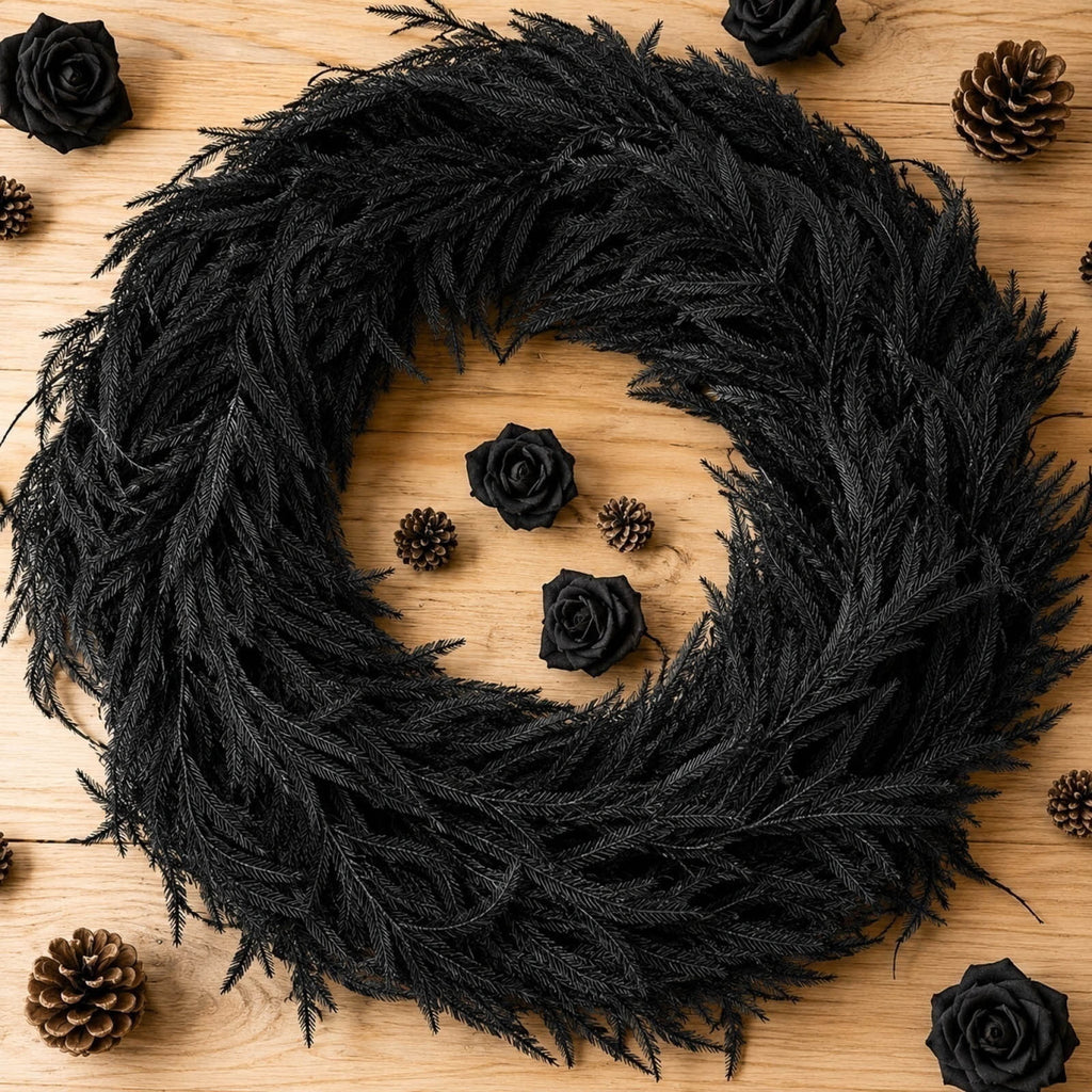 Black Halloween Garland,9 Ft Halloween Garland For Mantle,Black Norfolk And Halloween Decorative Wreath Real Touch Halloween Garlands Faux Garland.(120 Head)