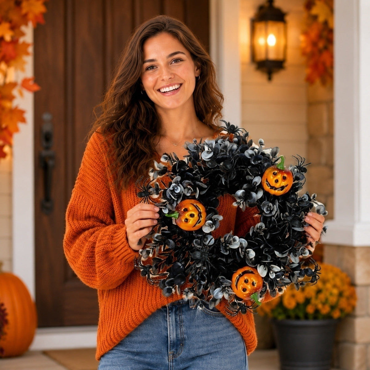 12 Inch Black Eucalyptus Halloween Wreath, Artificial Floral Door Wreath with Pumpkin Cutouts for Front Porch Indoor Door Halloween Party Gothic Home Decor