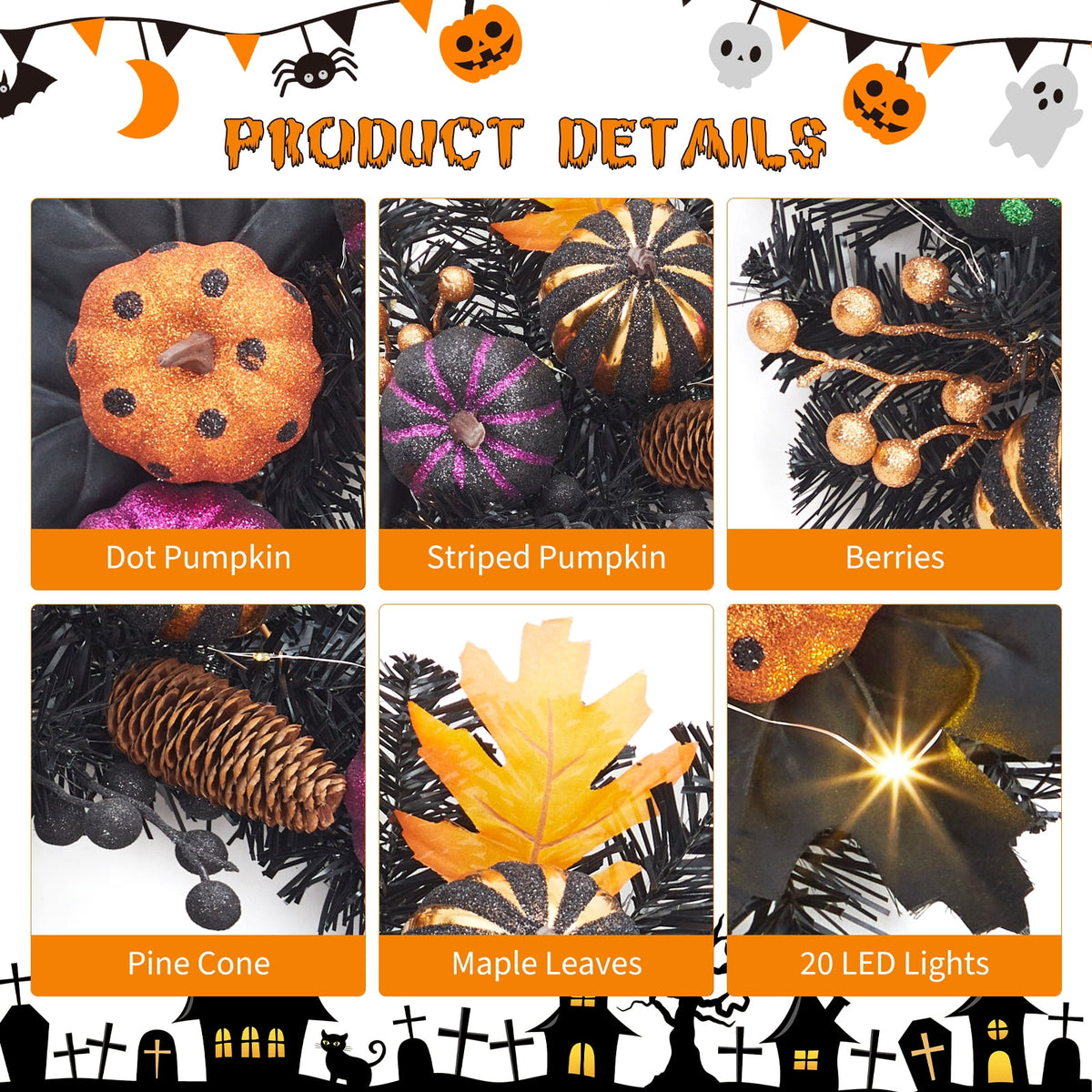 Garvee Halloween Wreath for Front Door, 18 Inch/20 Inch Fall Wreath for Indoor Outdoor Wall Window Porch Patio Garden Farmhouse Home Party Prom Decoration