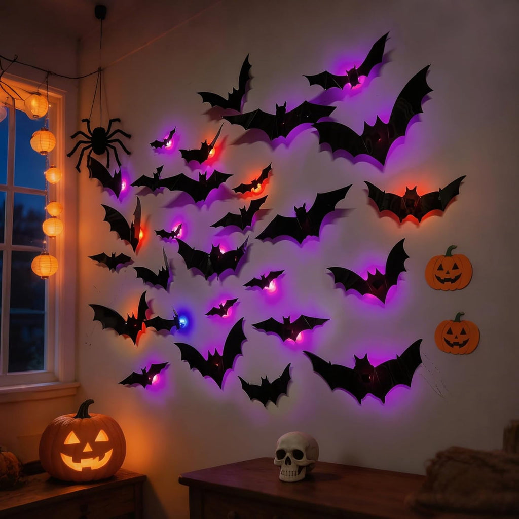 CQHVKQ 36 PCS Halloween Bats Decorations, Realistic 3D LED Bats Wall Stickers Decor, Assorted Size Removable Lighted PVC Bats DIY Wall Sticker for Halloween Party, Bedroom, Home, Indoor and Outdoor