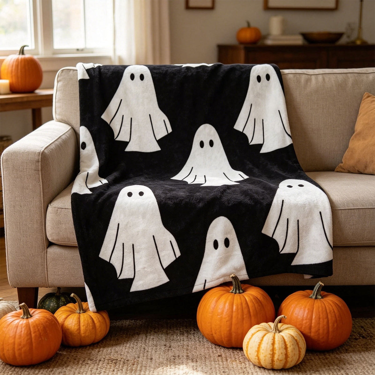 Halloween blanket,Halloween Print Throw Blanket Flannel Soft Cozy Decorative Nap Blanket with Ghost Pumpkin Skull for Office Bedroom Sofa Camping Travel(100x150cm/39x59 Inch),Black
