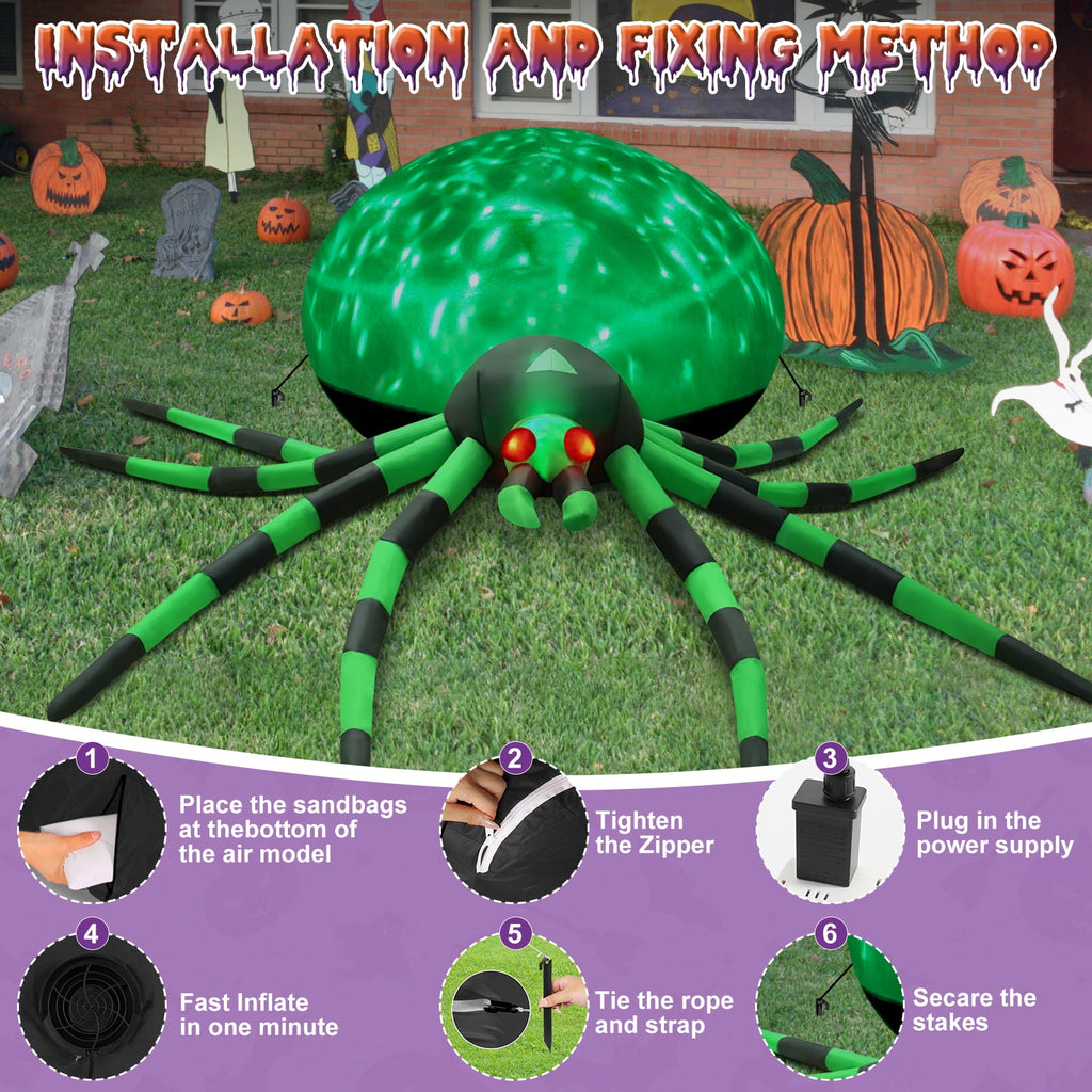 Yexmas 8FT Halloween Inflatables Outdoor Decorations Giant Spider Decorations with LED Lights and Air Pump Blow up Inflatable Green