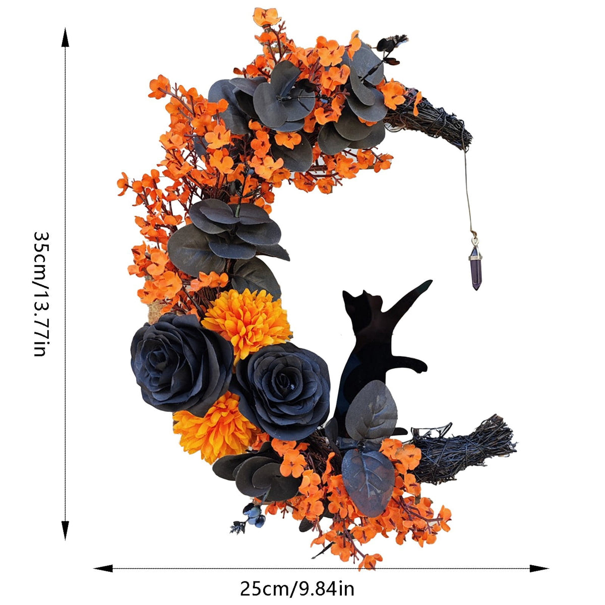 Lighted Halloween Wreath - Black Cat & Crescent Moon Design with LED Lights for Front Door, Porch & Wall Gothic Decor