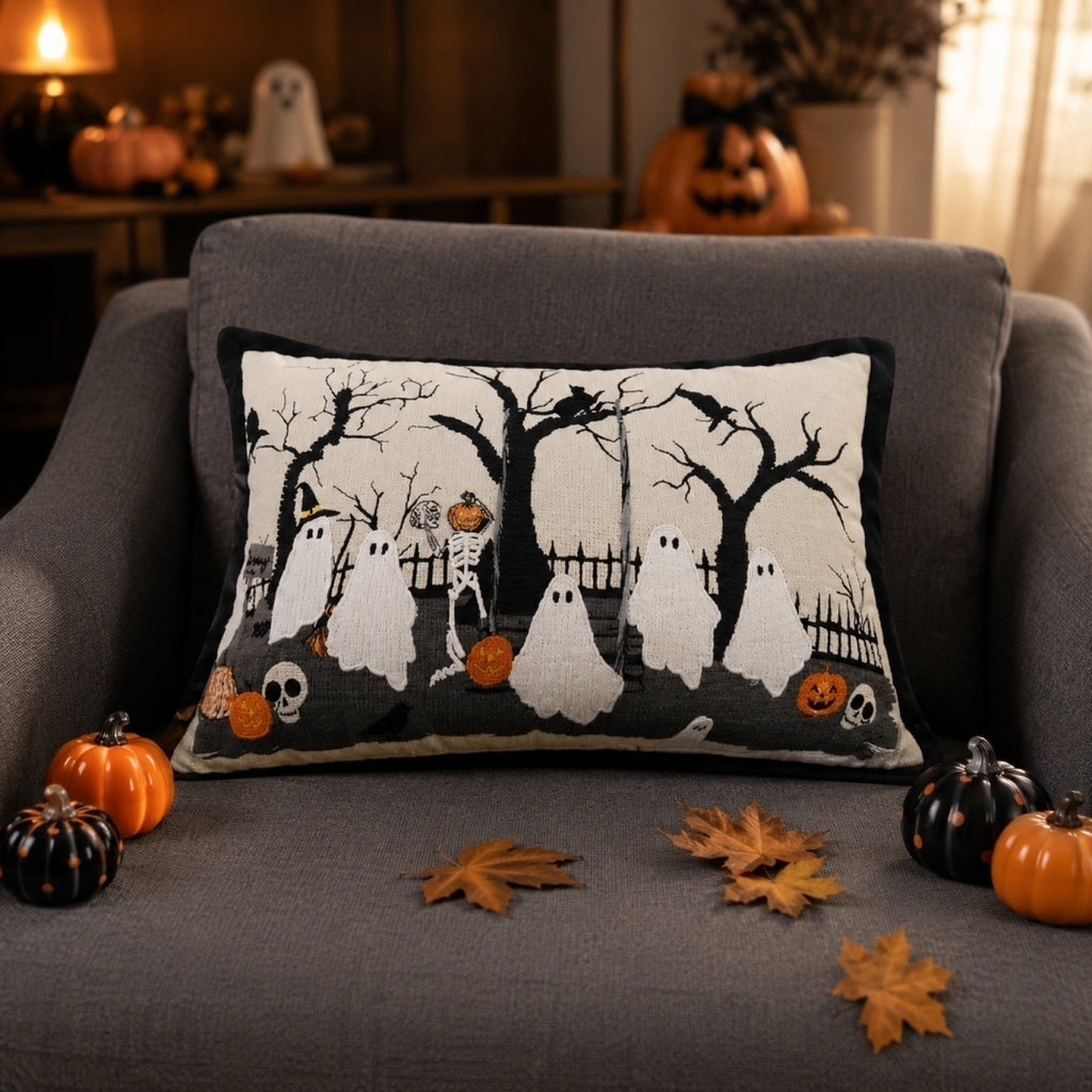 Cute Reading Ghost Plush Throw Pillow, Halloween Book & Pumpkin Bucket Ghost Stuffed Cushion, Spooky Season Decorative Pillow, for Sofa, Bedroom, Party Decor
