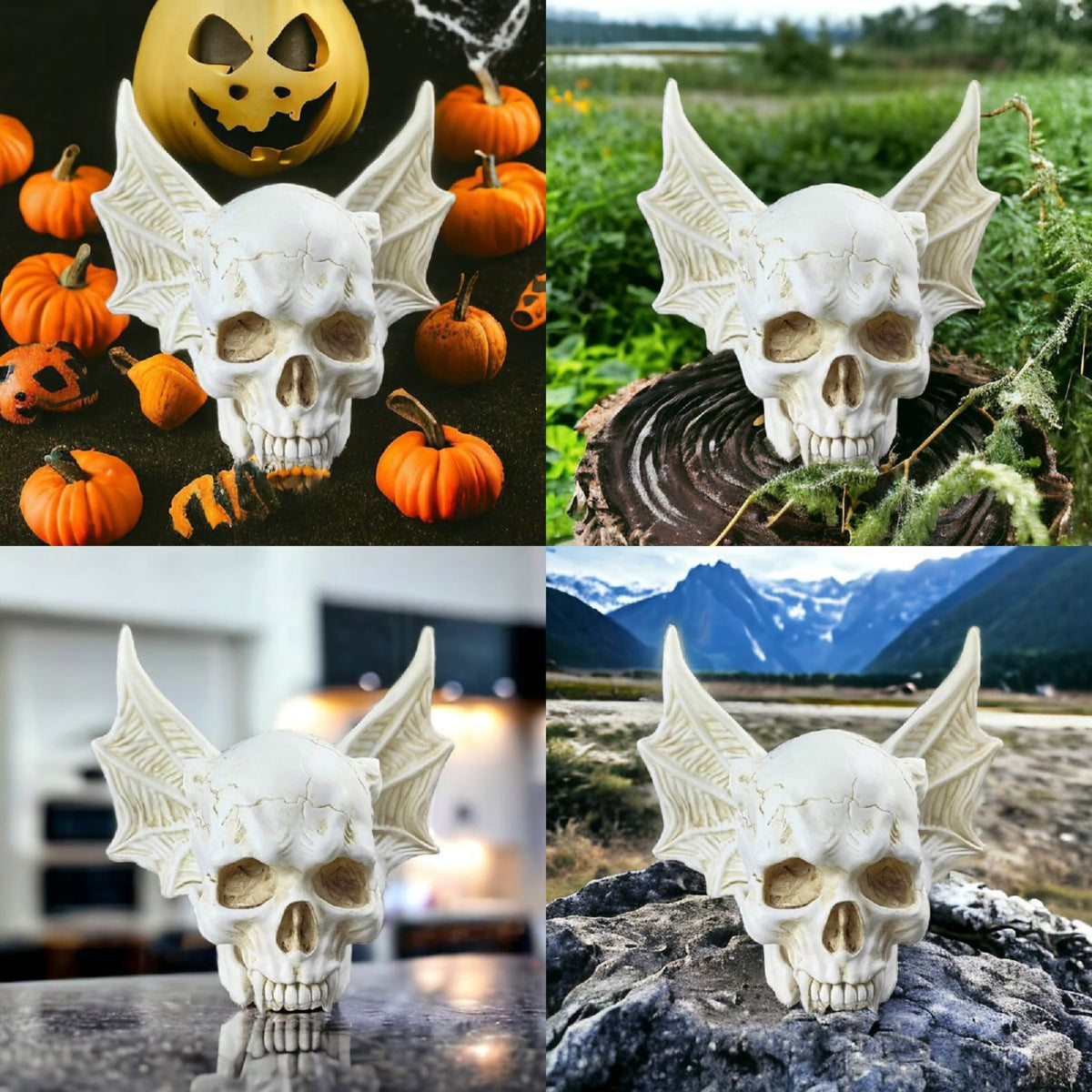 Halloween Bat-Eared Vampire Skull Decor, Gothic Resin Skeleton Figurine for Spooky Home/Party