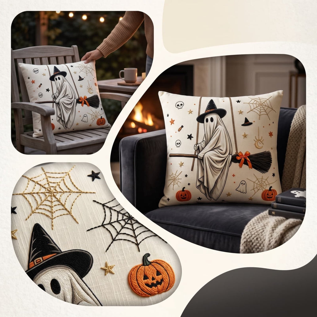 Cute Reading Ghost Plush Throw Pillow, Halloween Book & Pumpkin Bucket Ghost Stuffed Cushion, Spooky Season Decorative Pillow, for Sofa, Bedroom, Party Decor