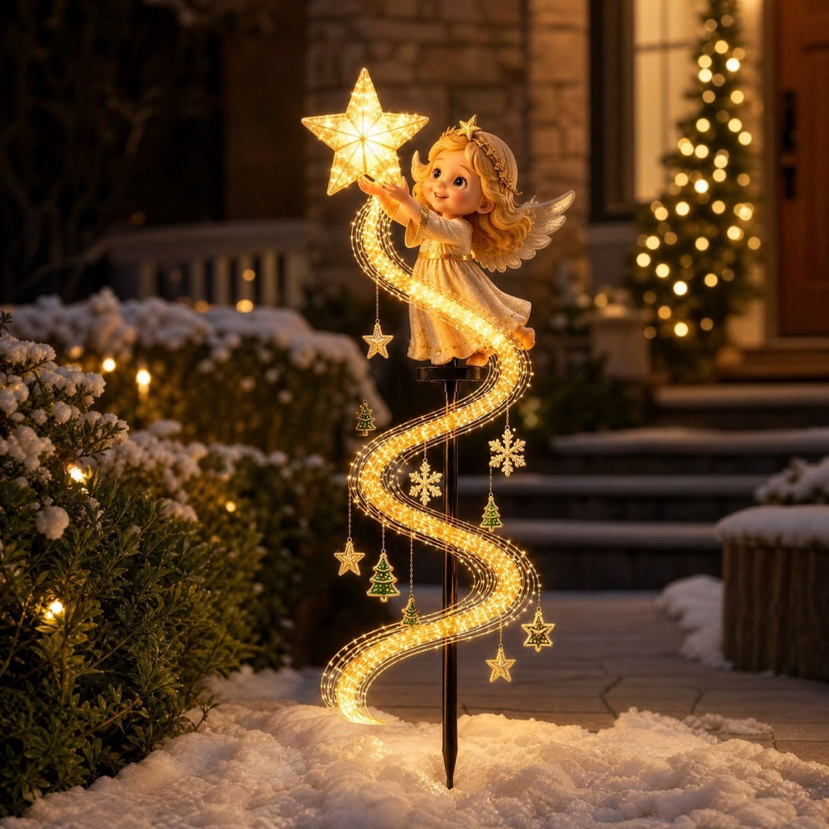 Luckky Christmas Bell Cascade Solar Yard Light,Solar Powered Flowing Star Bell Stake Light,Warm Yellow Outdoor Holiday Decor for Christmas Yard Decor（1 Pack）