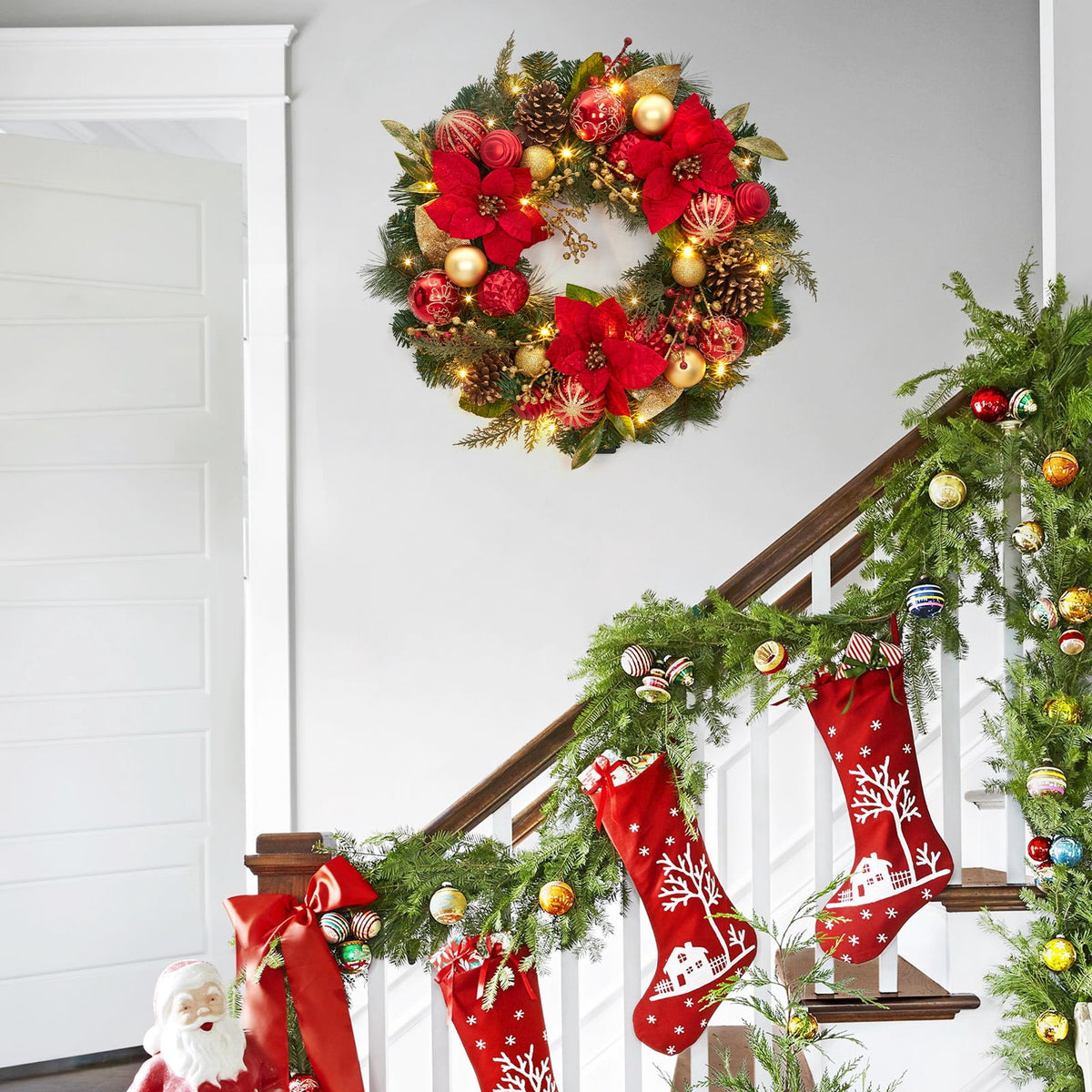 JoanKaren 24 inch Large Christmas Wreath Silver White with 20 LED Lights,Prelit Xmas Wreath w/ Ball Ornaments Pine Cone