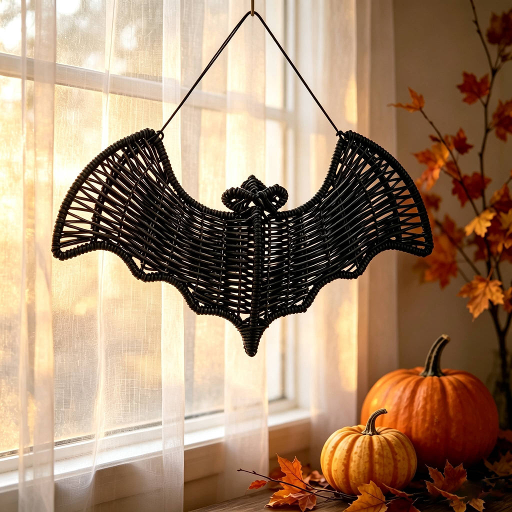 Black Rattan Wall Decoration, Halloween Wicker Bat Art, Indoor and Outdoor Festive Decor, Durable Plastic Material
