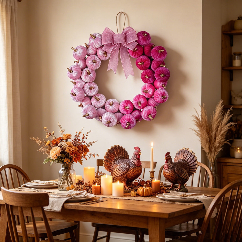 Artificial Fall Pink Velvet Pumpkin Wreath Harvest Bow Front Door Hanging Thanksgiving Halloween Home Wall Decor