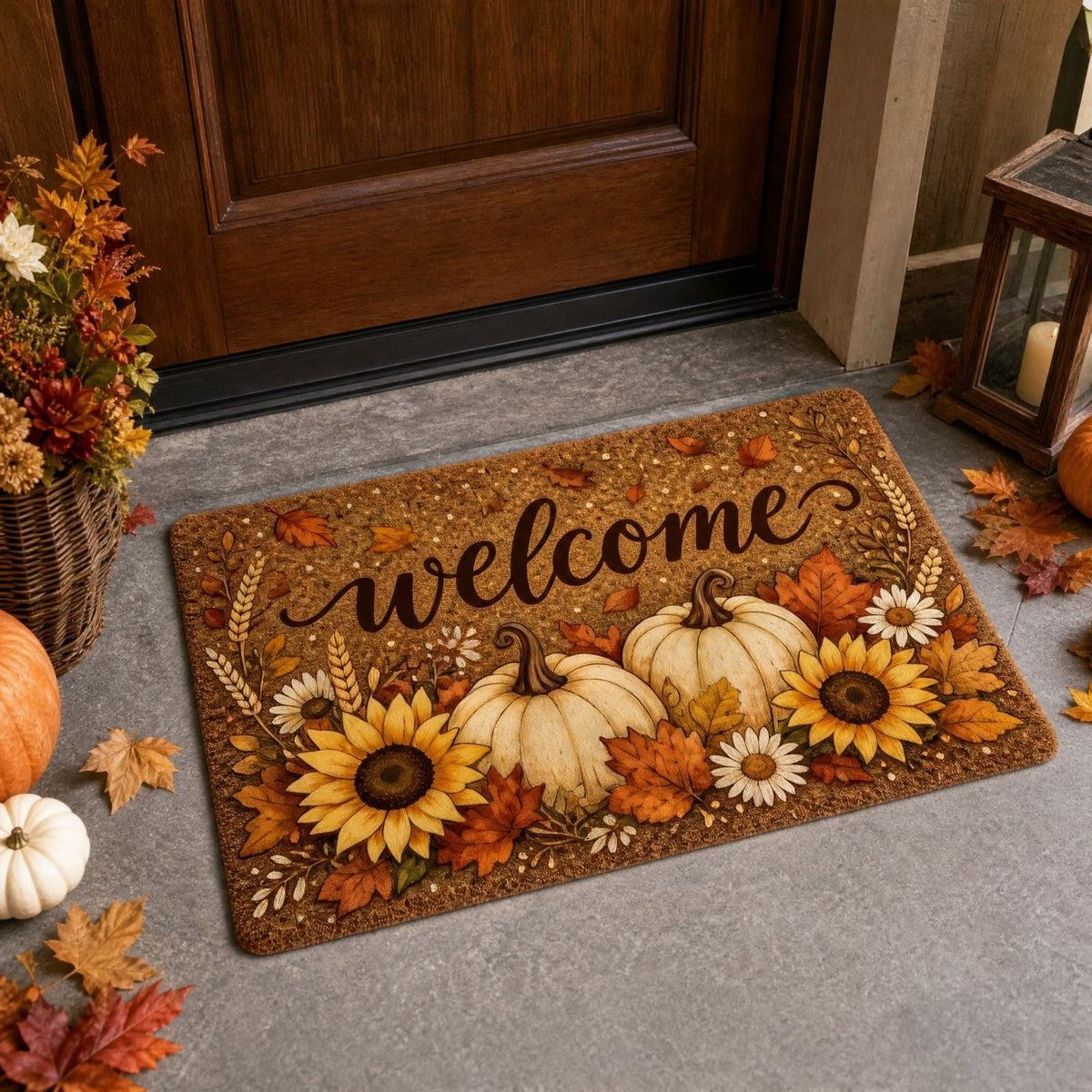 syligr Halloween Thanksgiving Doormat with Maple Leaf & Pumpkin Patterns - Non-Slip Floor Mat for Entryway, Kitchen, Porch, Fall Harvest Decor Rug with Anti-Fatigue Backing, Gift for Thanksgiving