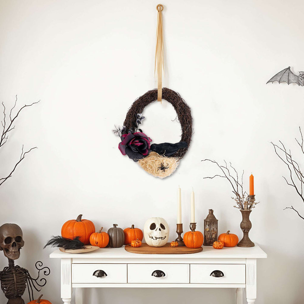 Spencer Halloween Wreath for Front Door, 10 Inch Halloween Garland with Black Rose, Crow, Spider and Twig Branch for Home Porch Window Wall Decor