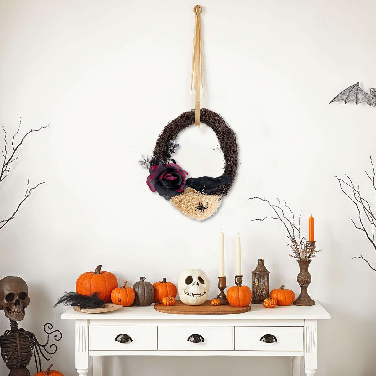 Spencer Halloween Wreath for Front Door, 10 Inch Halloween Garland with Black Rose, Crow, Spider and Twig Branch for Home Porch Window Wall Decor