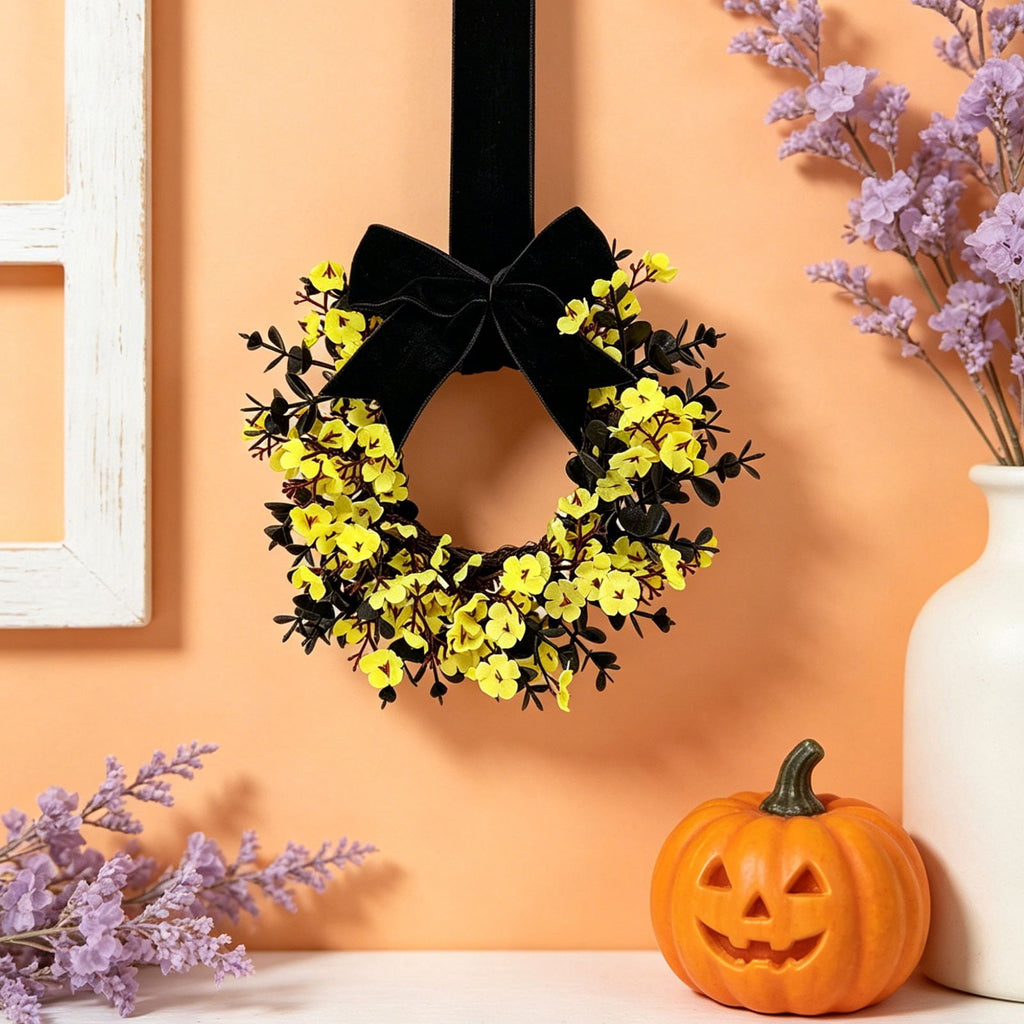 Halloween Star Shaped Bow Wreath for Window Door Display, Autumn Festival Artificial Wreath Decor