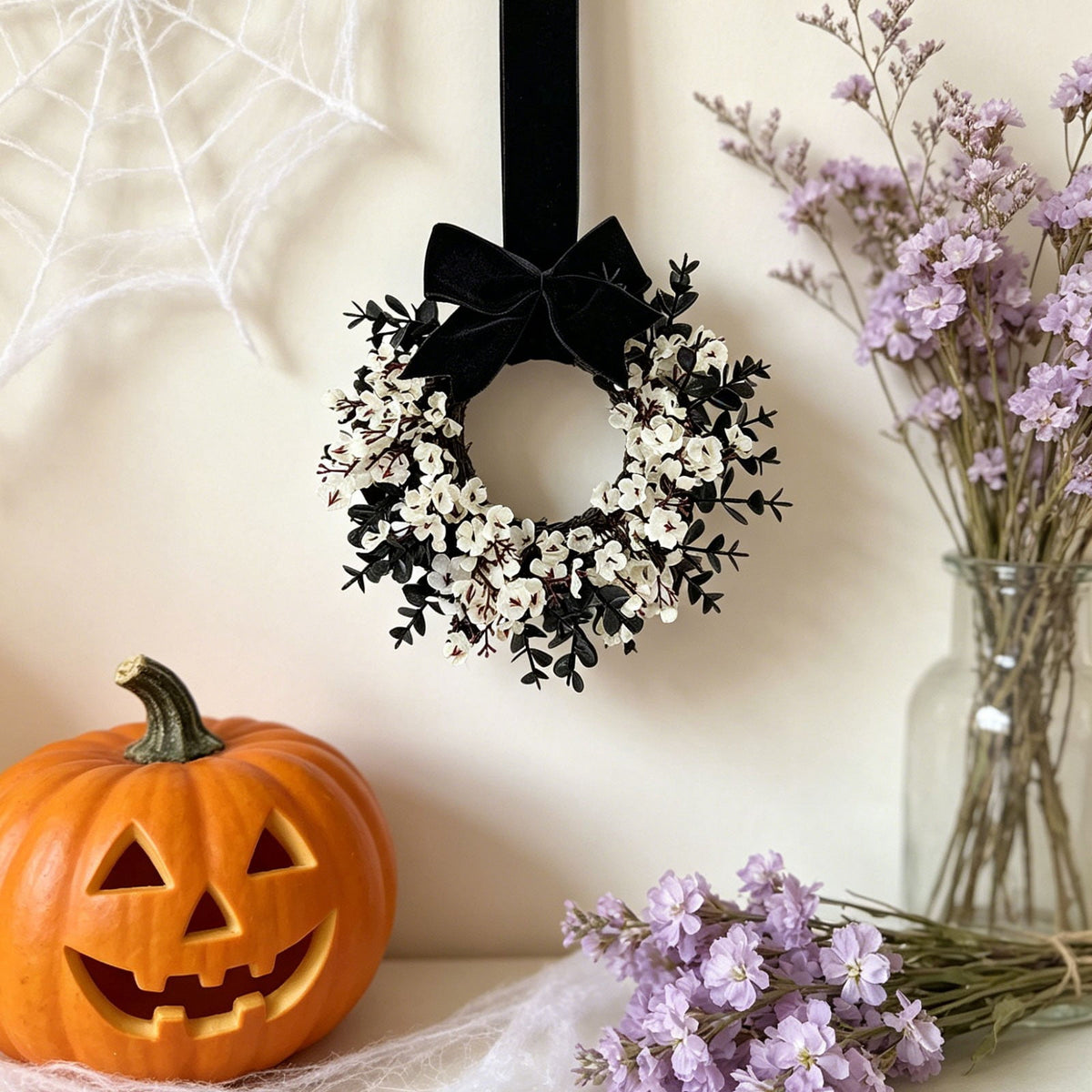 Halloween Star Shaped Bow Wreath for Window Door Display, Autumn Festival Artificial Wreath Decor