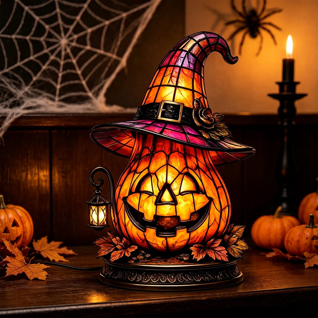 Halloween Lighted Witch Cauldron Decor Lamp, Stained Glass Witch Hat Magic Pot Night Light with Pumpkin & Potion Bottle Details, Spooky Vintage Tabletop Ornament for Mantel Living Room Party