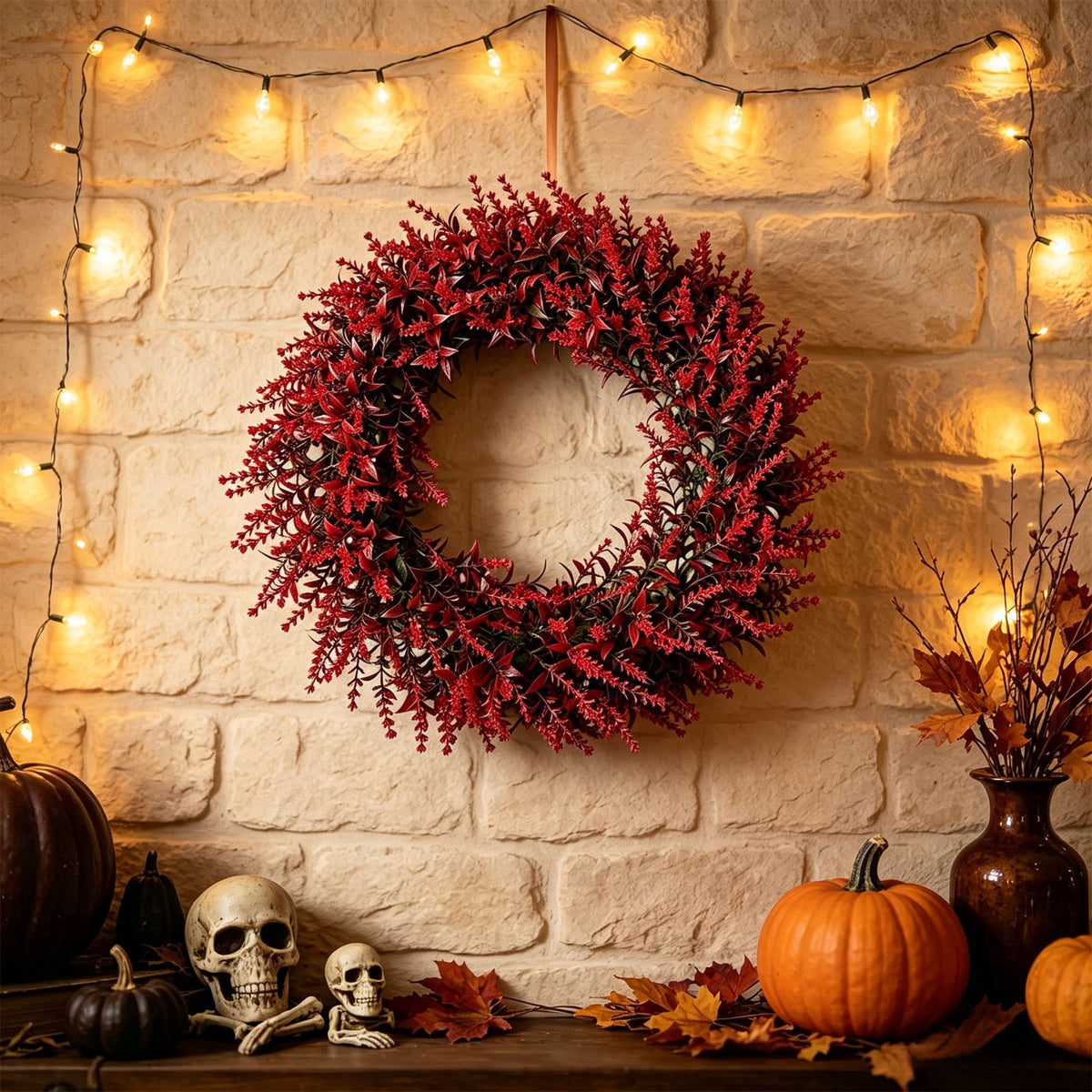 18 Inch Fall Wreath for Front Door, Artificial Red Wheat Wreath with Berries and Leaves, Thanksgiving Halloween Decor for Porch Wall Mantel