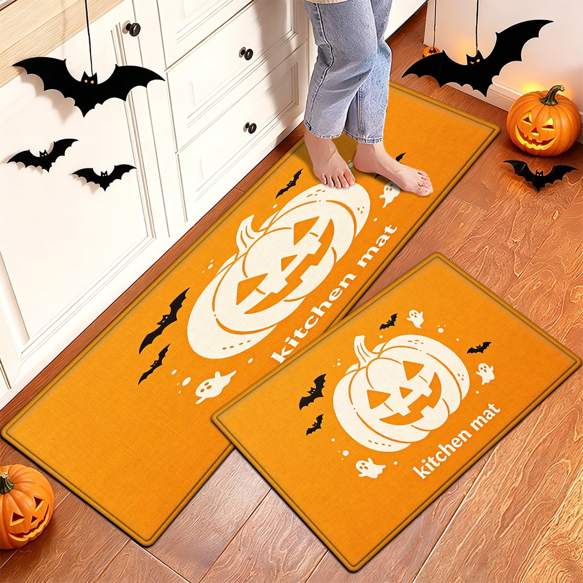 YIMEIS Halloween Orange Ghost Pumpkin Black Cat 1Pc Flannel Mat & Kitchen Rugs,Soft Non-slip,16''×24'' Inches,for Entryway Bathroom
