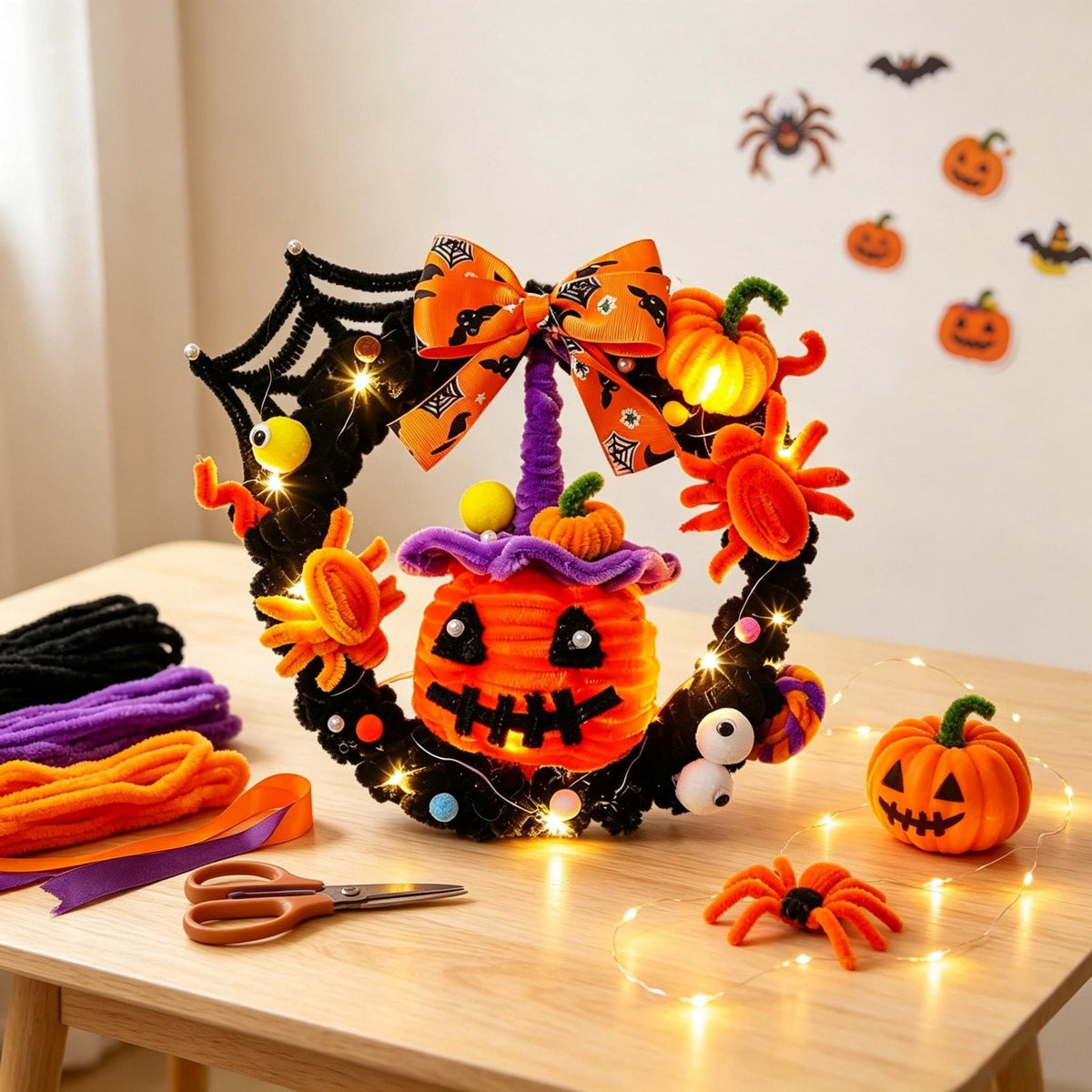 WWC Halloween Wreath, Orange LED Pumpkin and Bats Wreath, Gothic Halloween Decorations Wreath for Front Door, Indoor Outdoor Party Decor