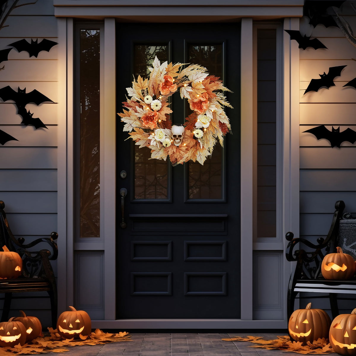 Festisoul 20'' Halloween Wreath for Front Door, Halloween Owl Wreath with Natural Vines and Artificial Roses, Spooky Halloween Props Decoration for Fireplace