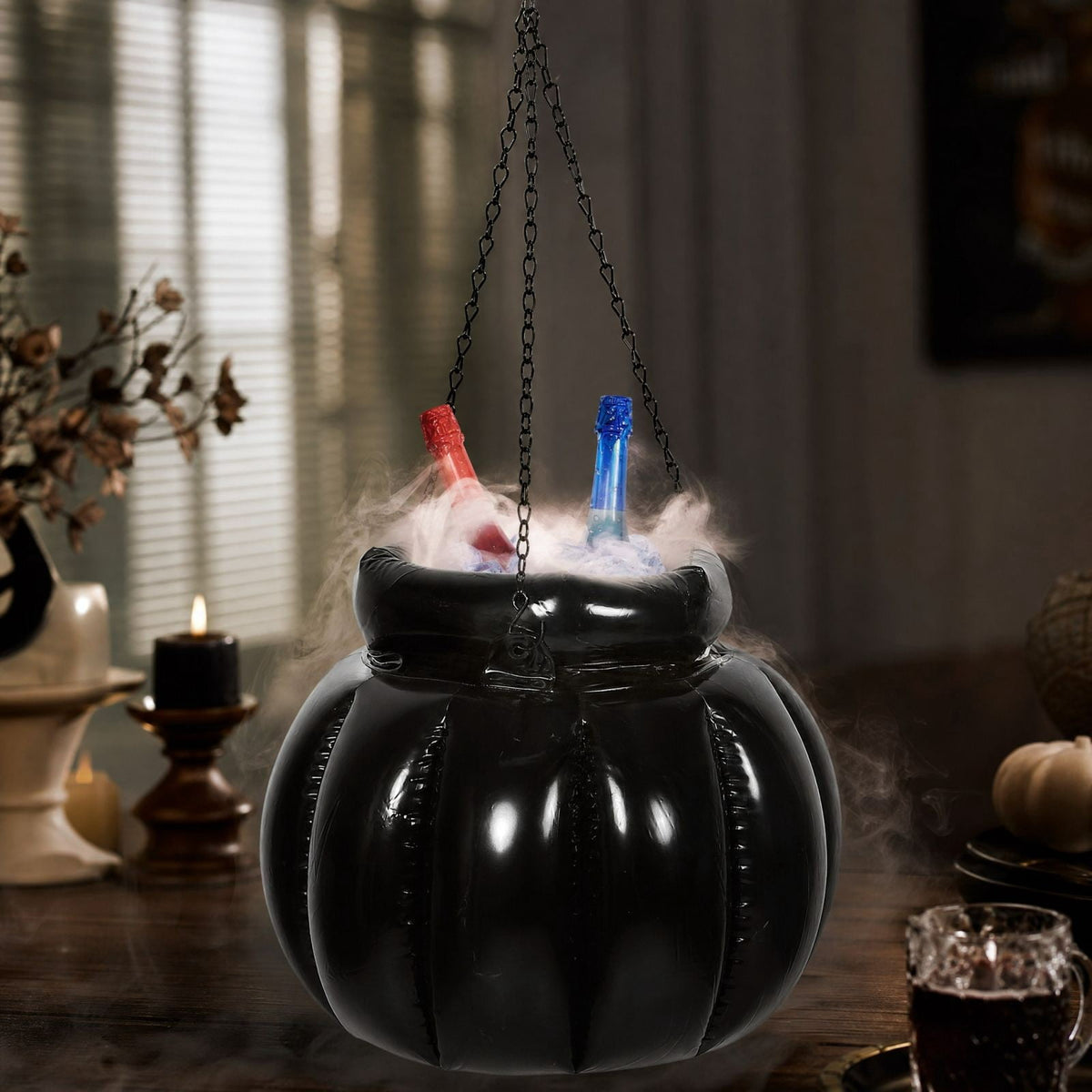 JHRGJIO Inflatable Witch Cauldron Cooler Stand Base, Hanging Pumpkin Ice Bucket with Mist Maker Fog Effect, Halloween Party Drink Chiller for Backyard Patio Outdoor Use