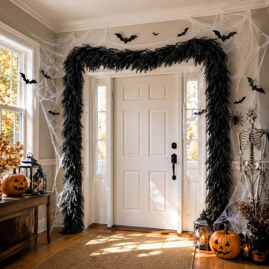 Black Halloween Garland,9 Ft Halloween Garland For Mantle,Black Norfolk And Halloween Decorative Wreath Real Touch Halloween Garlands Faux Garland.(120 Head)